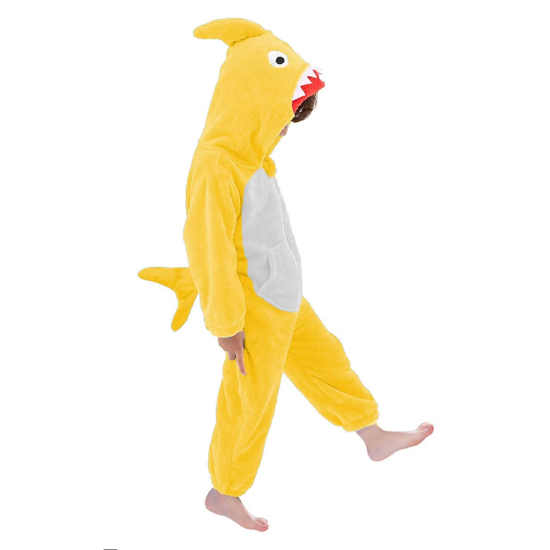 LOLANTA Kinder Hai Kostüm, Jungen Tier Flanell Strampler Overall mit Kapuze 1-2 Jahre Gelb, 1-2 Jahr