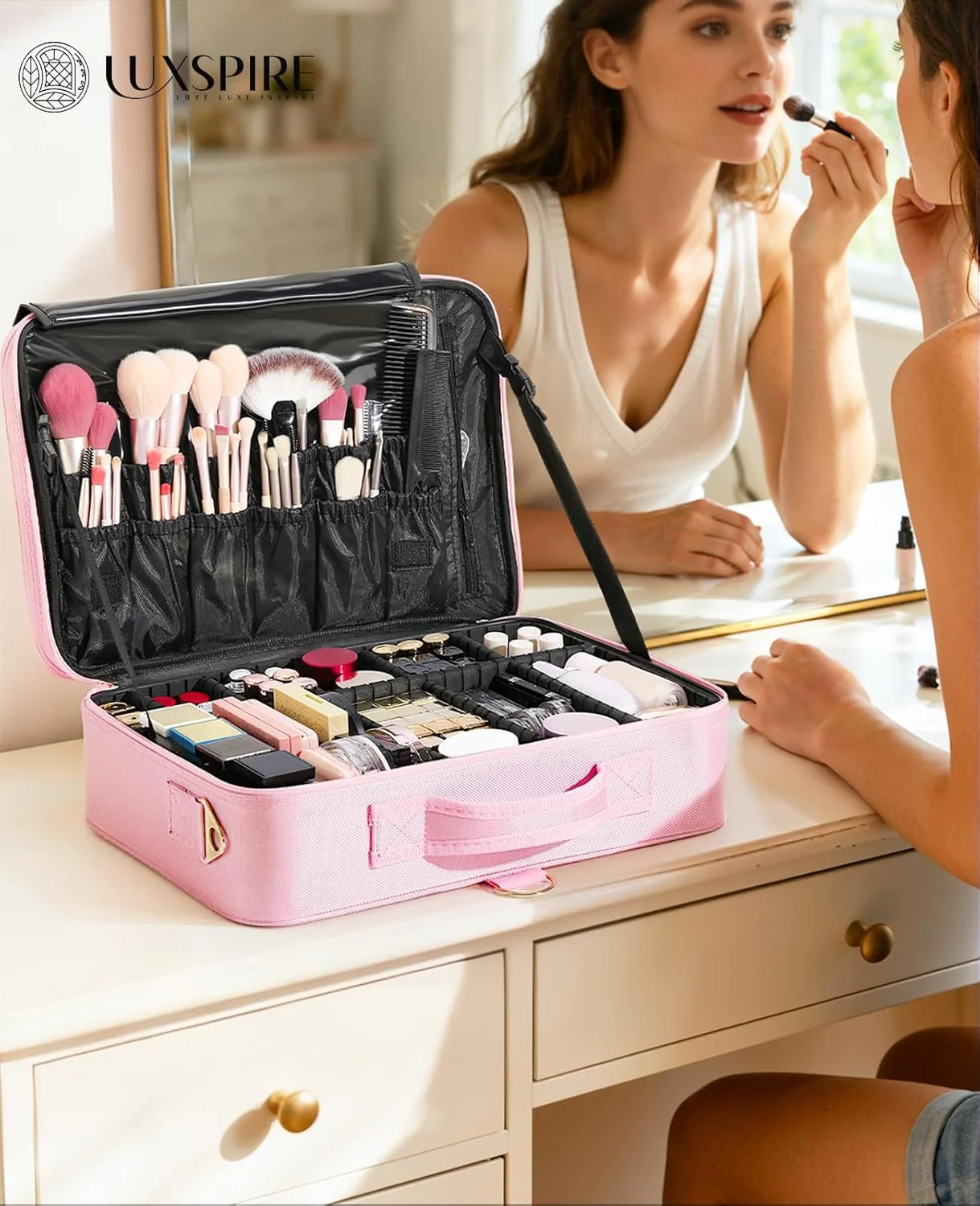 Luxspire 3 Schichten professioneller Makeup-Zug-Koffer, grosser Reise-Kosmetik-Organizer mit Spiegel - Image 5