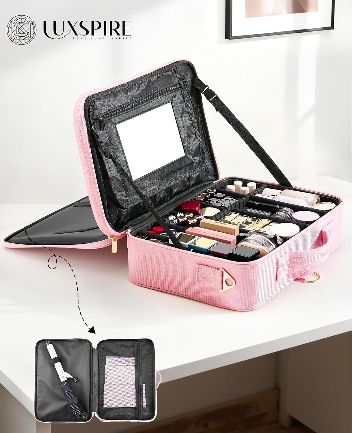 Luxspire 3 Schichten professioneller Makeup-Zug-Koffer, grosser Reise-Kosmetik-Organizer mit Spiegel - Image 7