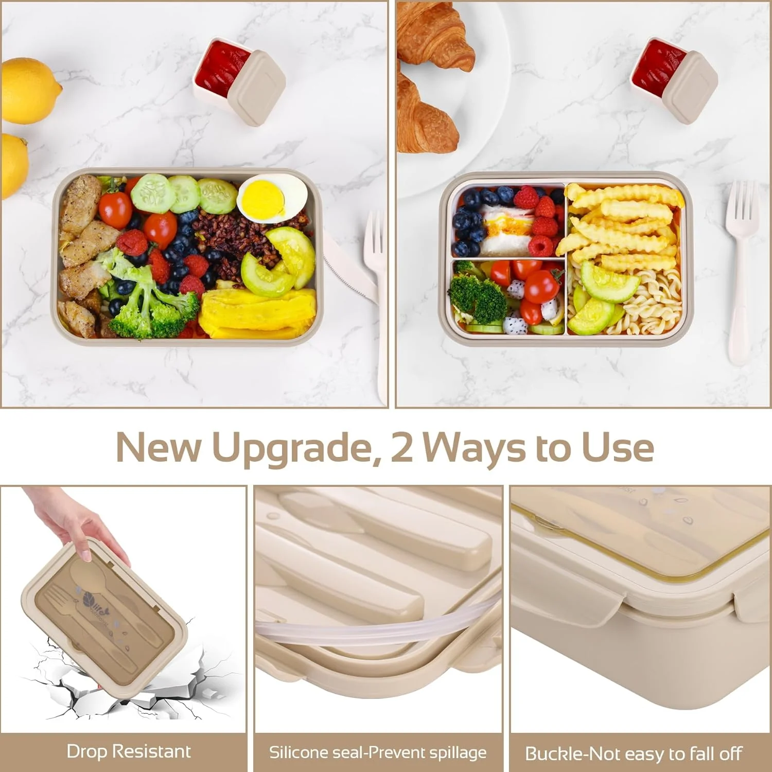 LUZOON Lunchbox, Bento Box Brotdose Erwachsene 1400ml mit 3 FäChern für Kinder inkl. Besteck, Jausen - Image 5