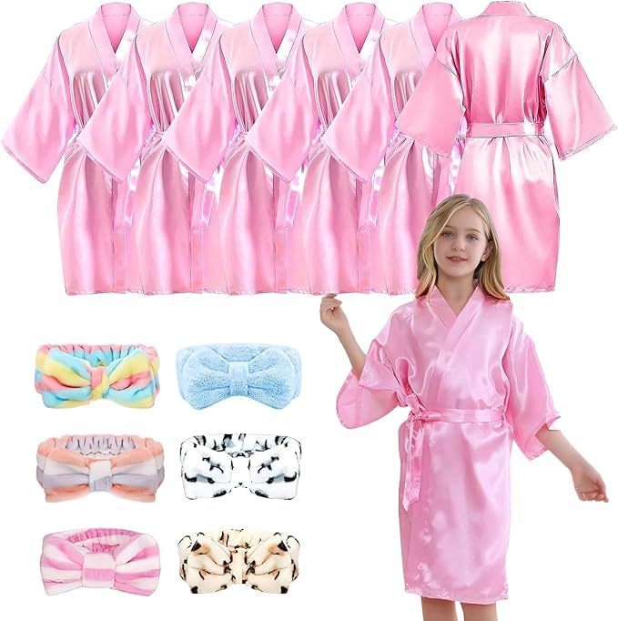 LYCN 12 Stück Mädchen Morgenmantel, Kinder Kimono Bademantel aus Seidensatin mit 6 Schleifen-Stirnbä