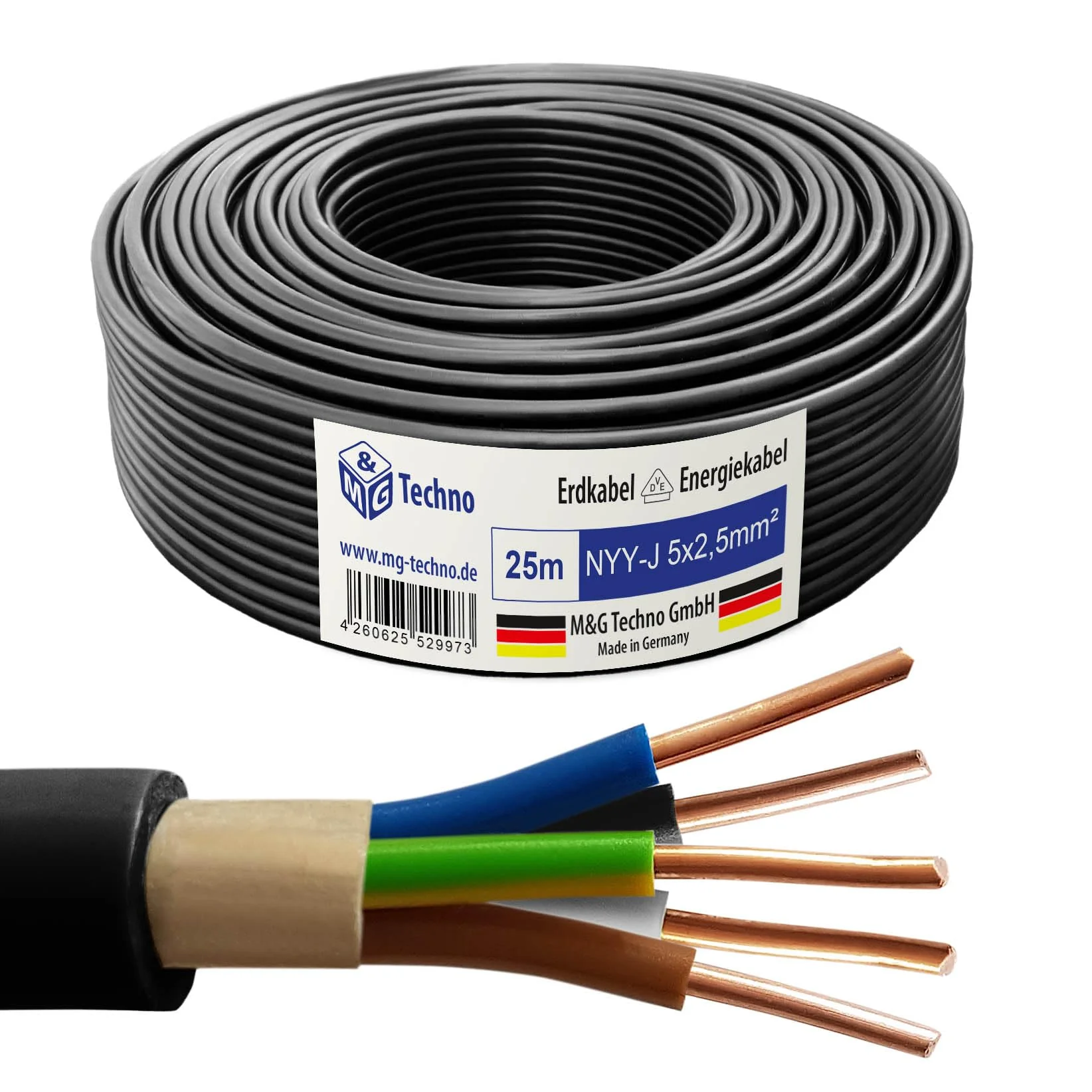M&G Techno 25m NYY-J 5x2,5 mm² Erdkabel Elektrokabel Beton und Freien Kupfer Made in Germany