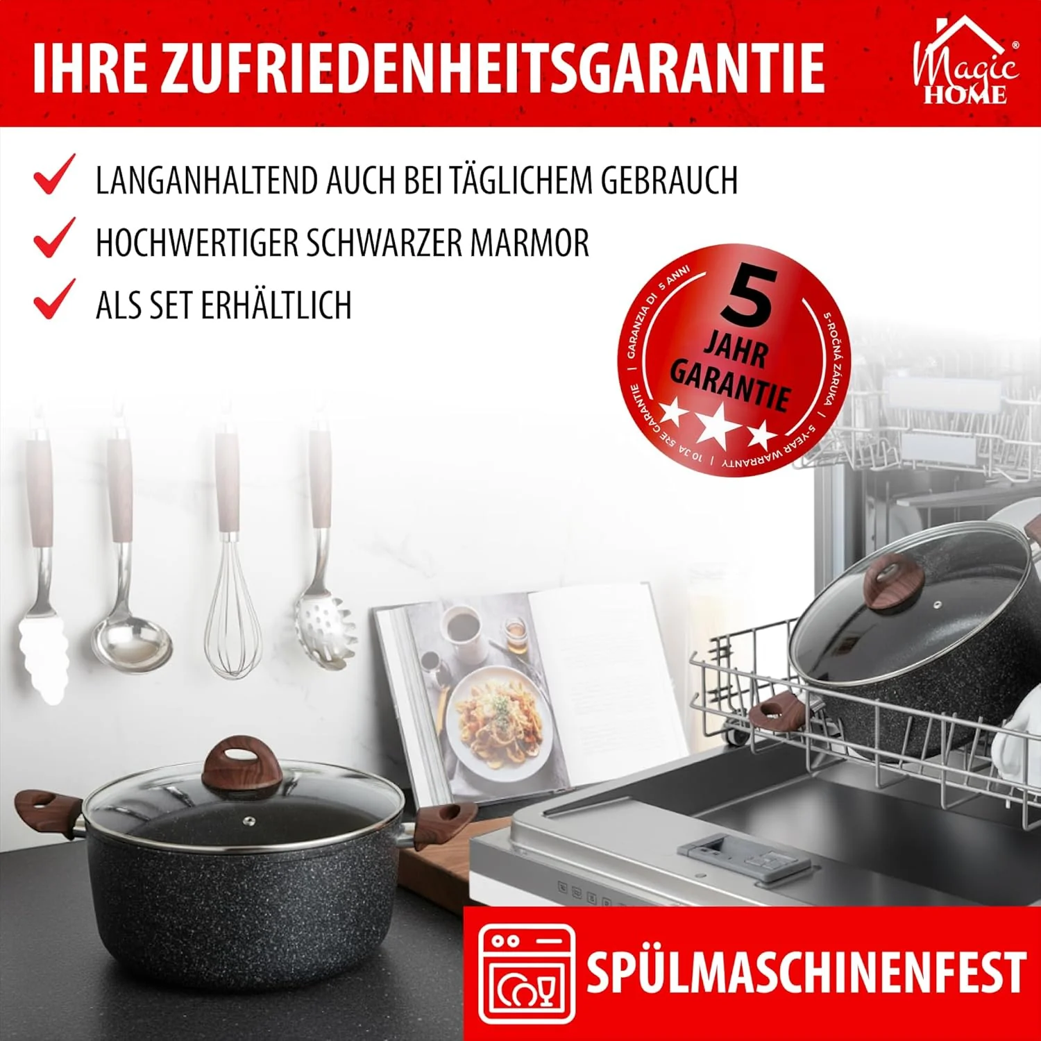 MAGIC HOME Aluguss Topf 24 cm INDUKTION | Marmor Antihaft | Kleiner Beschichteter Kochtopf mit Glasd - Image 7