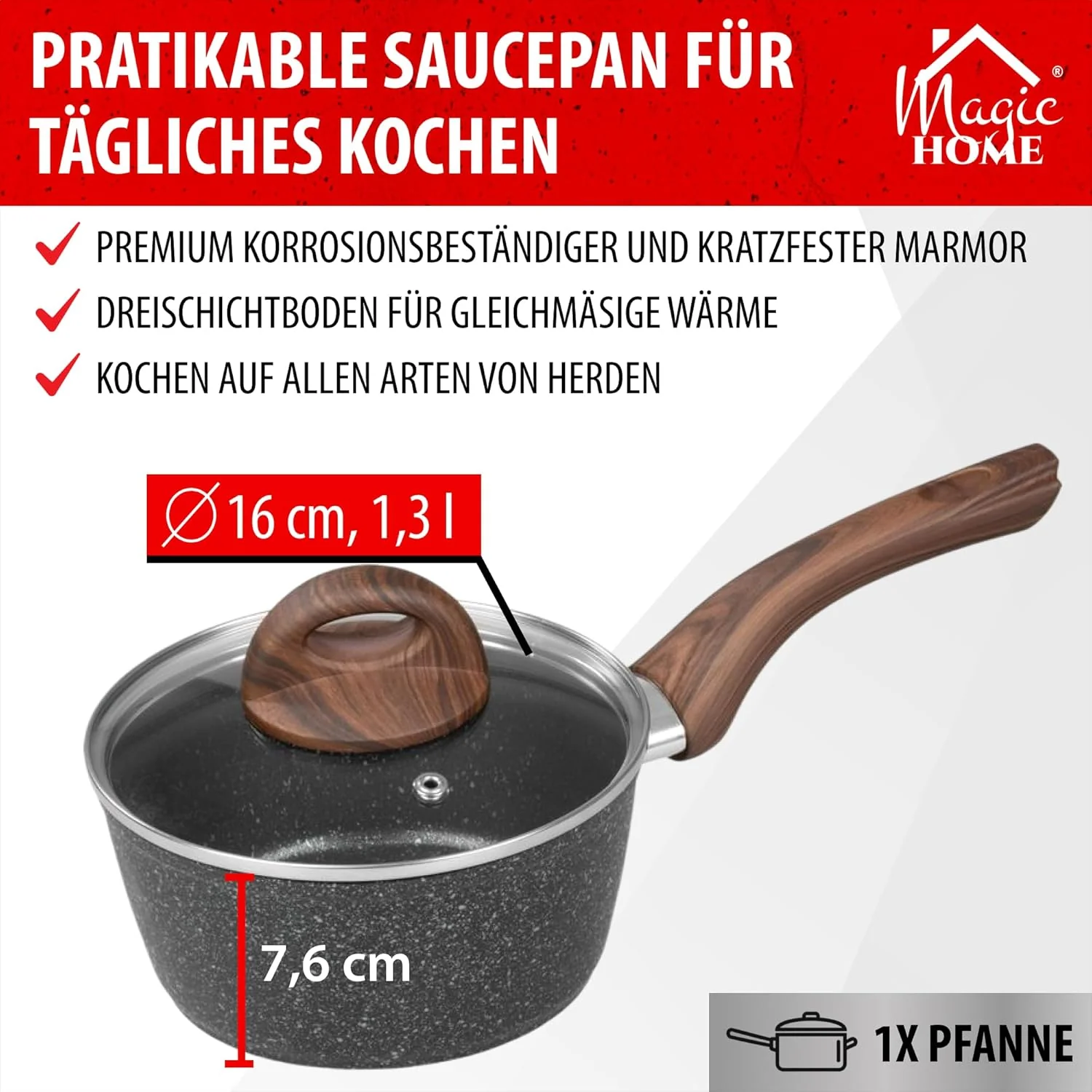 MAGIC HOME Stielkasserolle 16 cm INDUKTION | Marmor Antihaft Kasserolle mit Deckel | Kleiner Topf | - Image 2