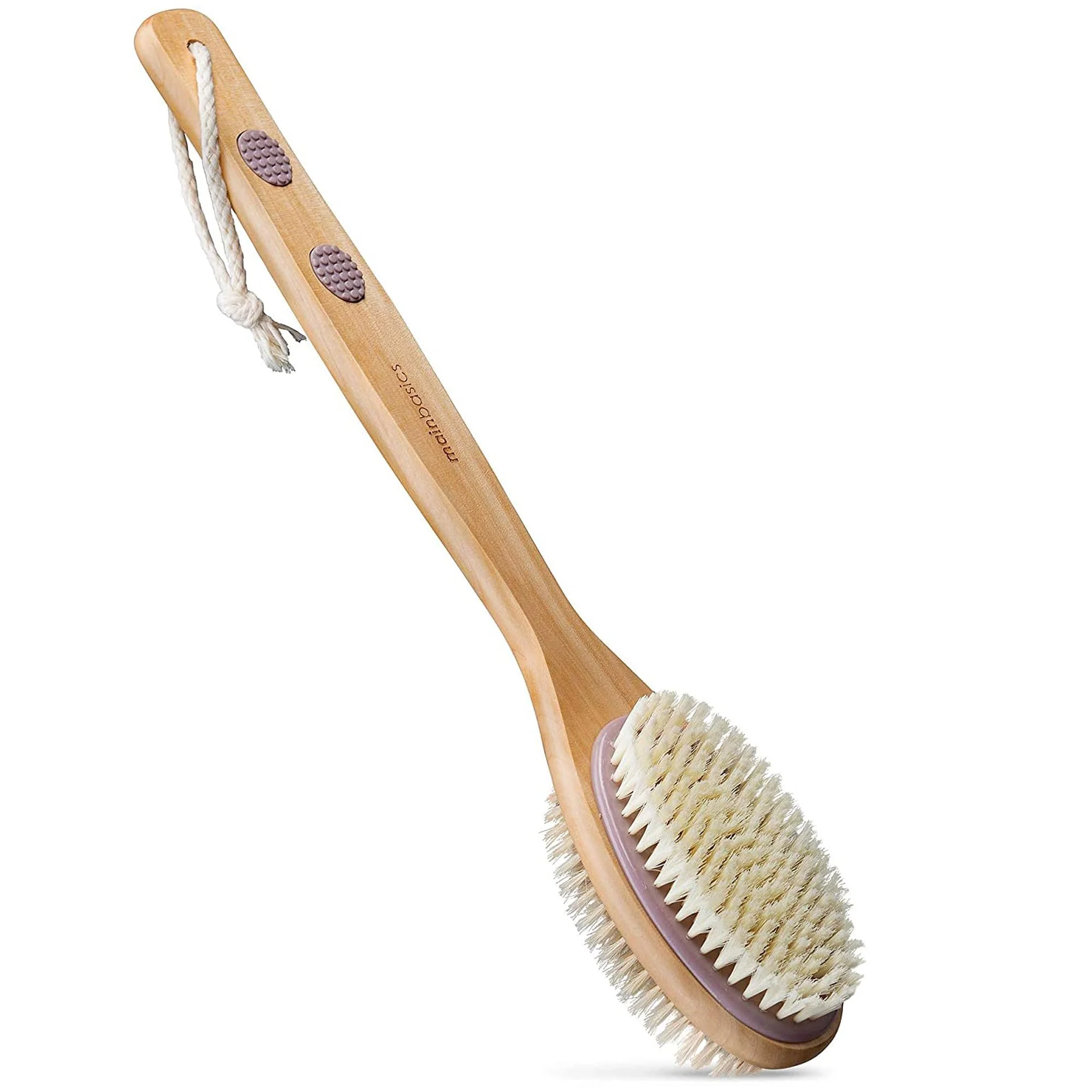 MainBasics Rückenschrubber für Dusche Langer Griff Rückenbürste Doppelseitig mit Peeling und weichen