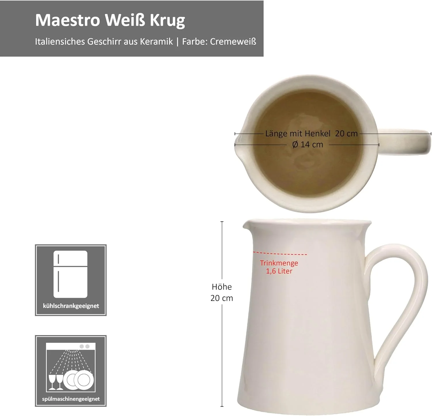 MamboCat Gloria Krug cremeweiss I 1,6L I italienische Keramikkanne mit Henkel für Saft, Eistee, Wass - Image 5