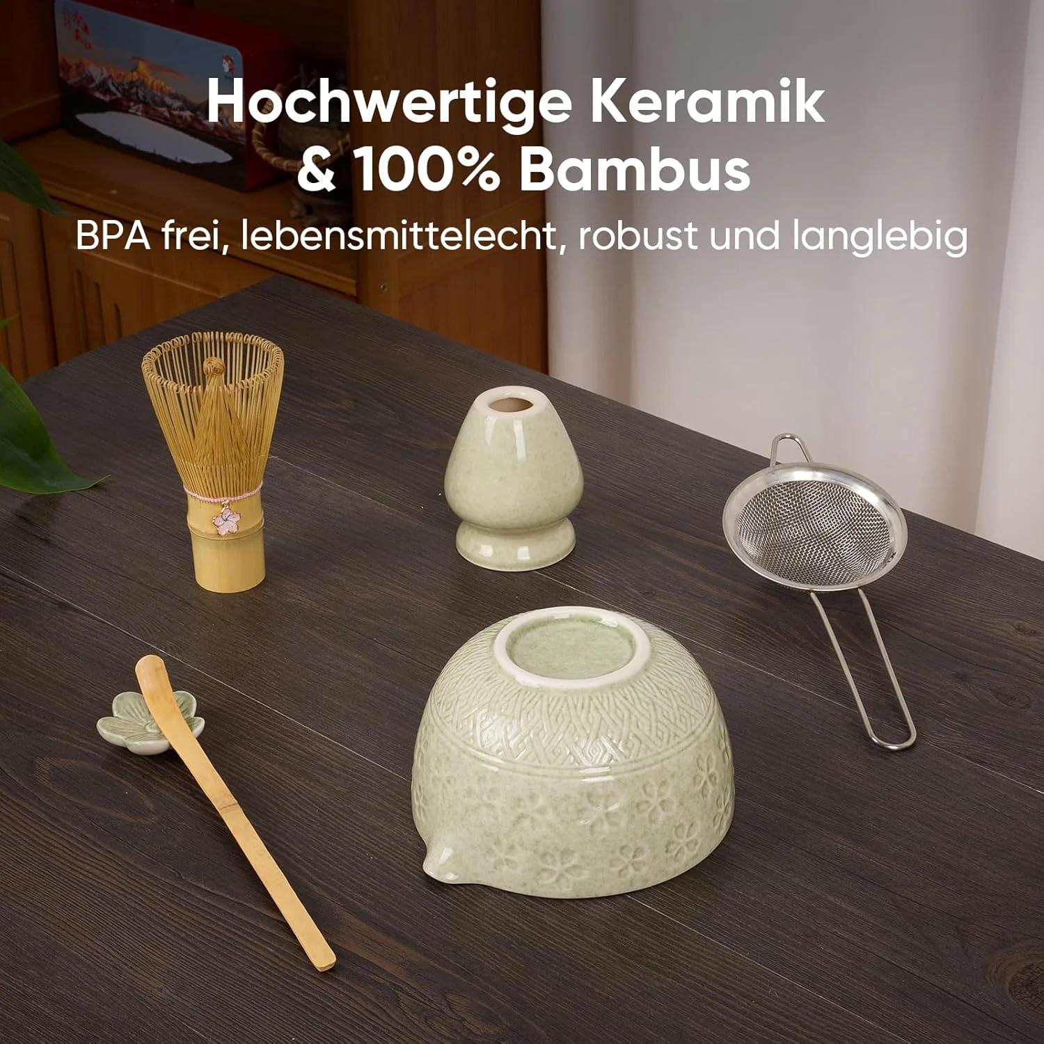 Matcha Set, einschliesslich einer Keramik Matcha Schale, Matchabesen und Halter, Sieve, Geschirrtuch - Image 3