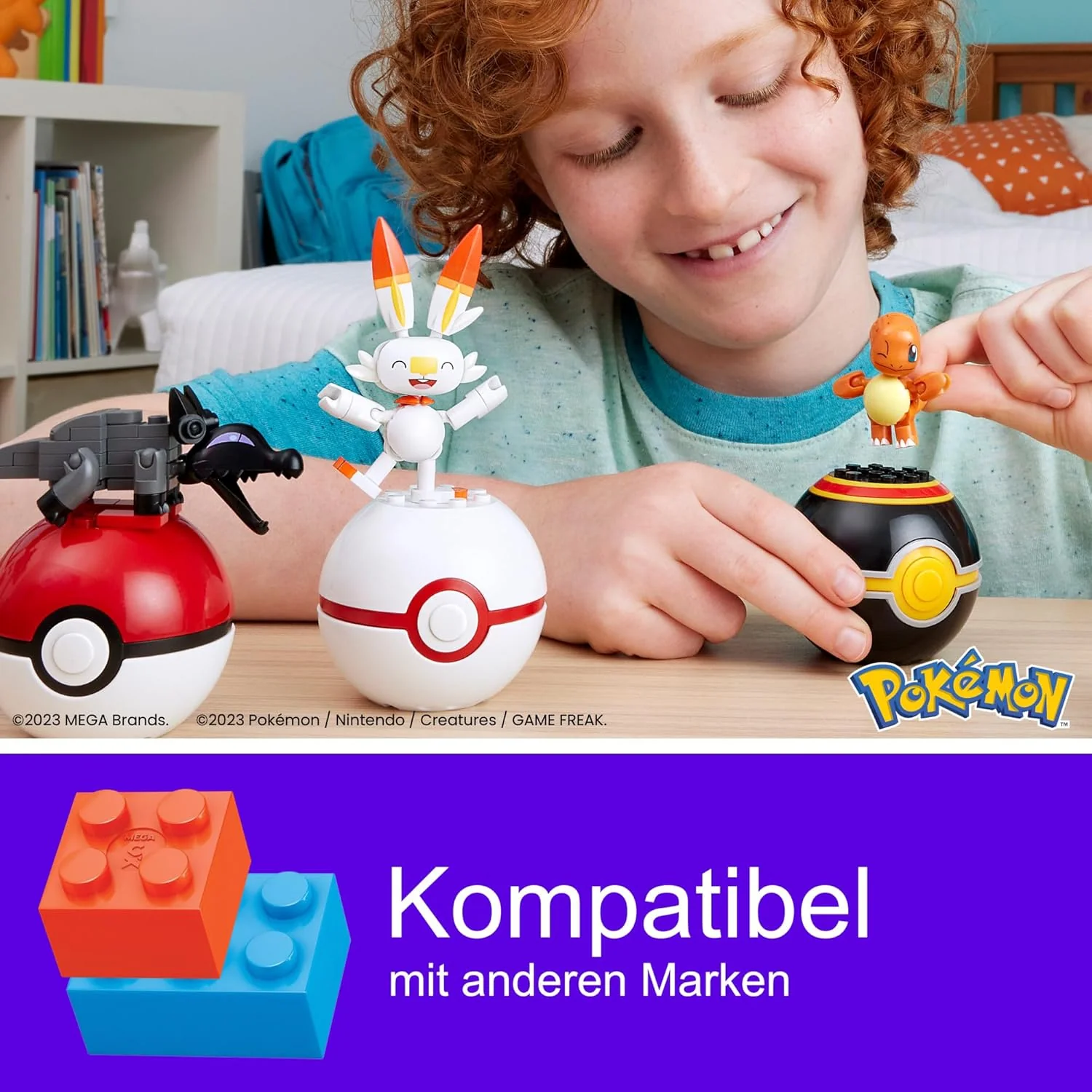 MEGA Pokémon Feuer-Typ Trainerteam - 4 bewegliche Pokémon mit Pokébällen, inklusive Lichtel, Glumand - Image 2