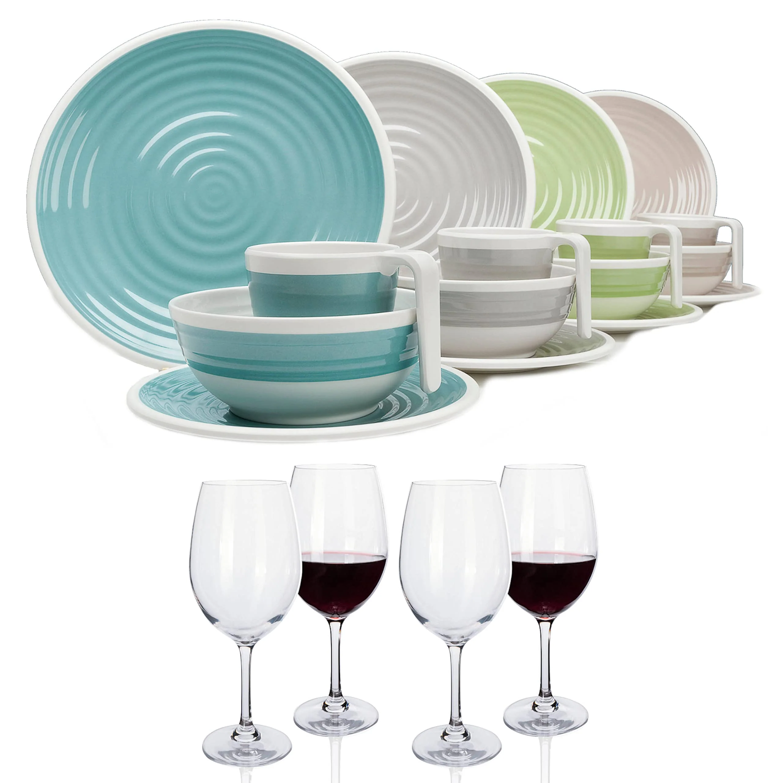 Melamin Camping Geschirr Set 1-4 Personen Harmonie 4-32 Teilig + Gläser Wassergläser Weingläser Cham