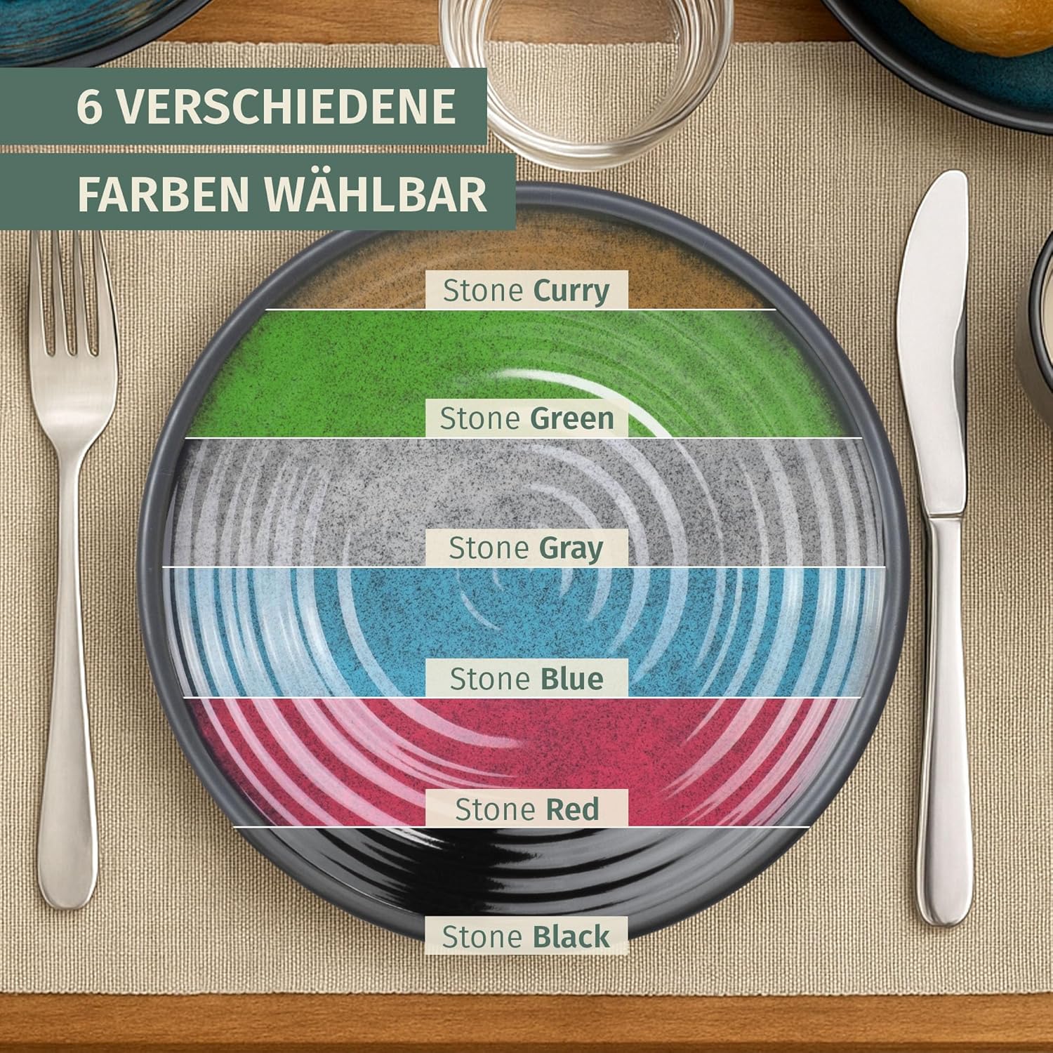 Melamin Camping Geschirr Set 4 Personen Stone Curry + 4 Timo Weiss Weingläser Tafelgeschirr Picknick - Image 7