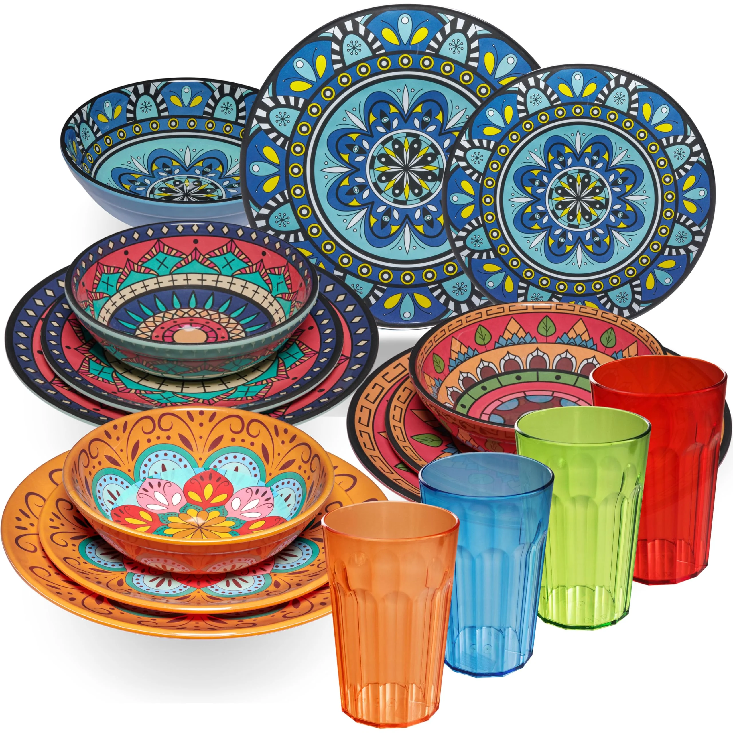 Melamin Geschirr Set Toskana Pastel für 4 Personen - BUNT - Mandala-Optik Spülmaschinengeeignet Essg