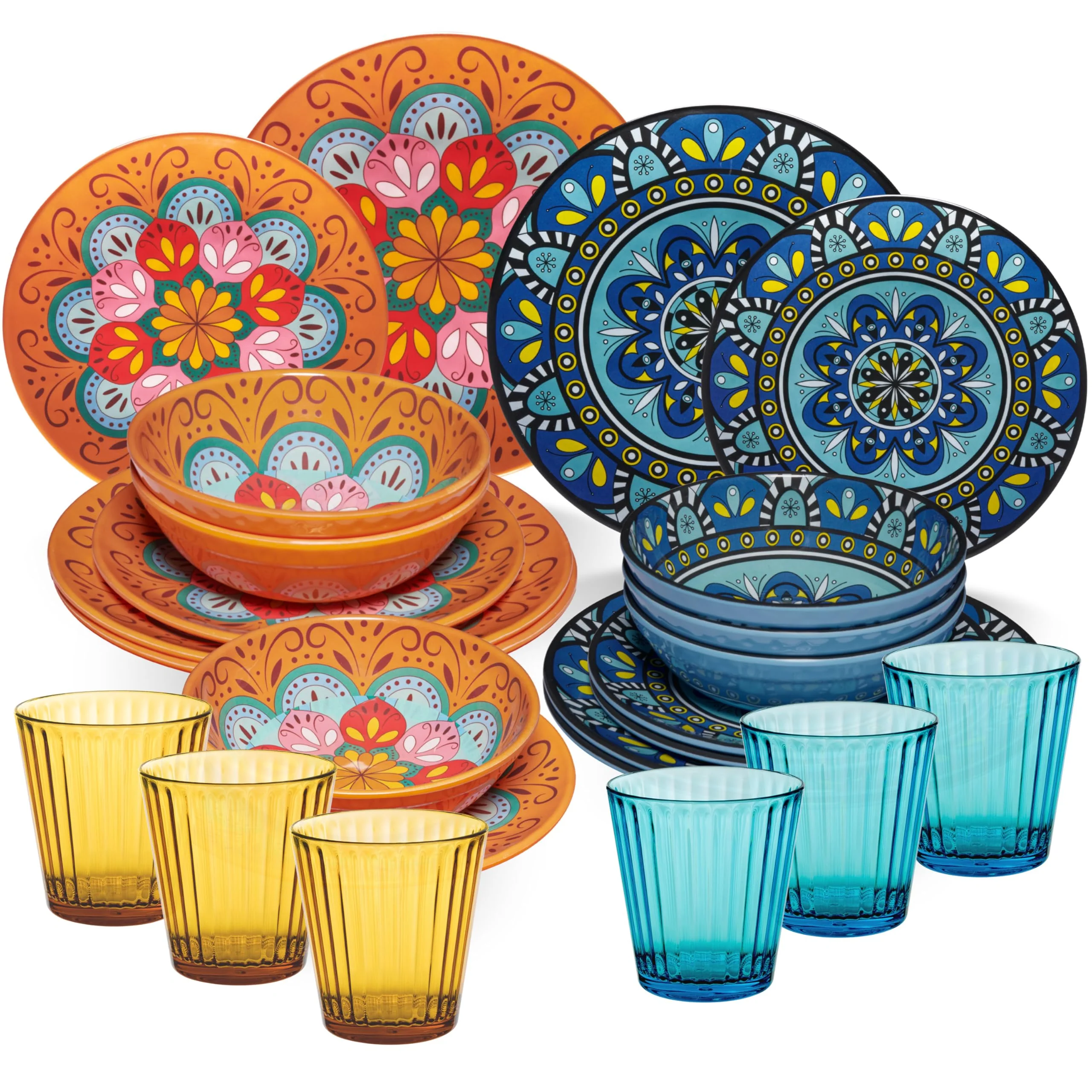 Melamin Geschirr Set Toskana Pastel für 6 Personen - Orange-Blau - Mandala-Optik Spülmaschinengeeign