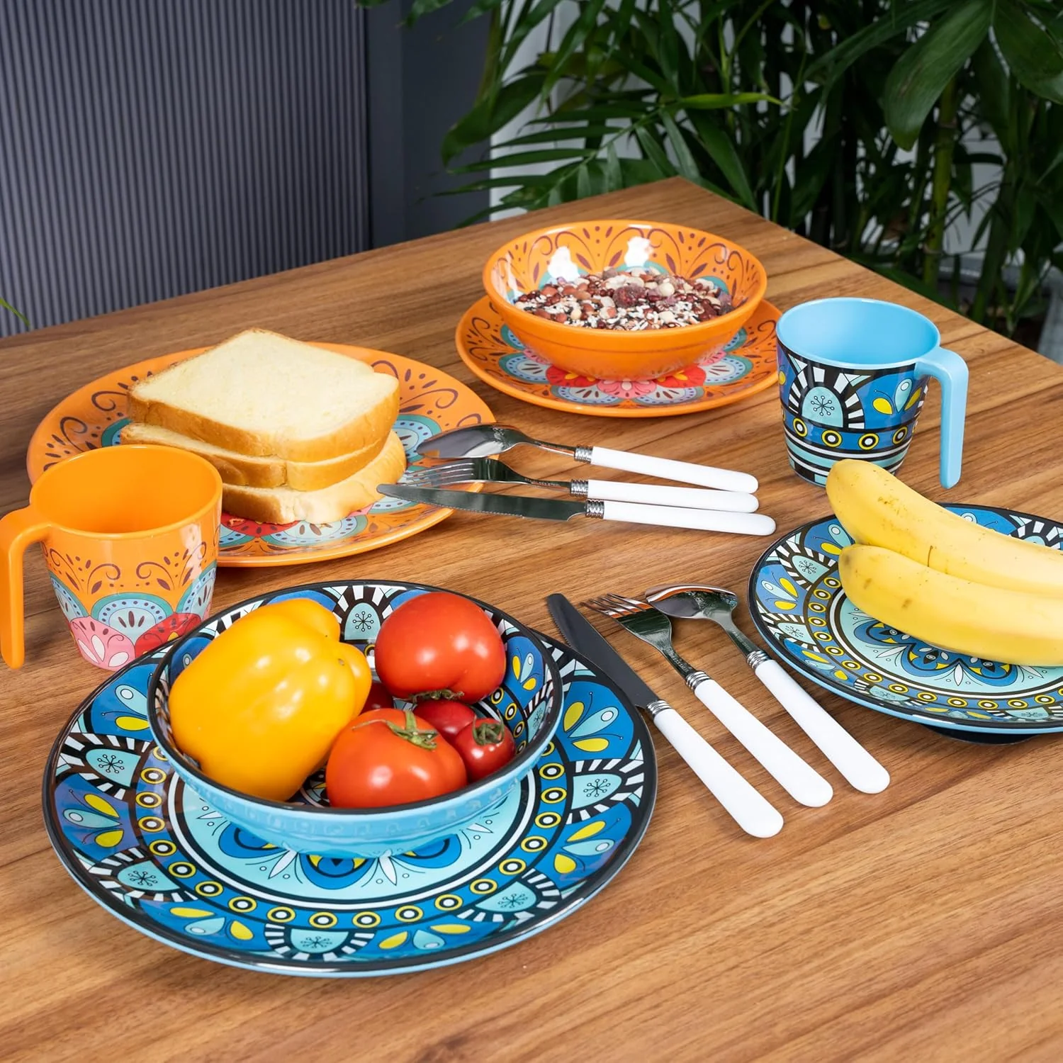 Melamin Geschirr Set Toskana Pastel für 6 Personen - Orange-Blau - Mandala-Optik Spülmaschinengeeign - Image 2