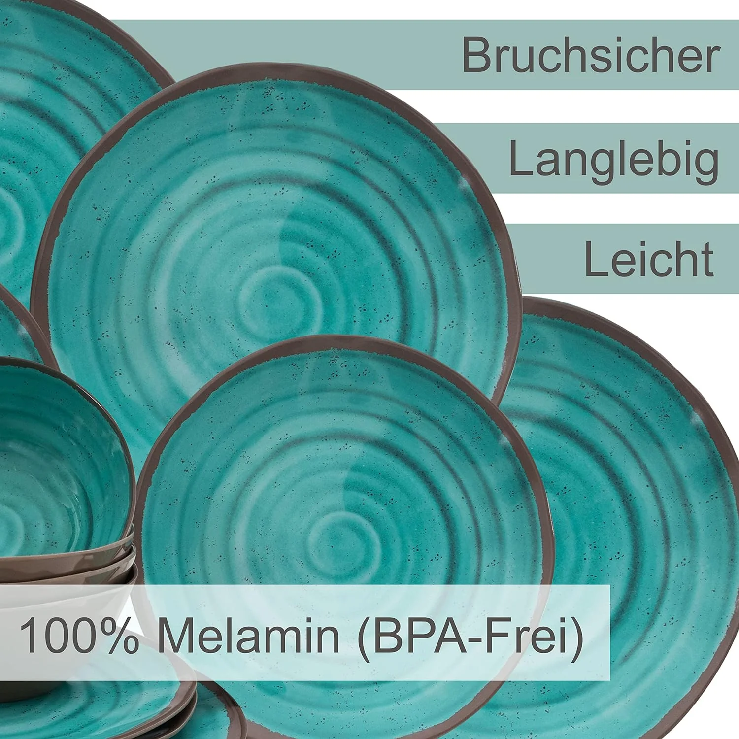 Melamin Geschirr Set Türkis mit Edelstahl Thermo Tassen doppelwandig - Tonoptik Essgeschirr - Campin - Image 7