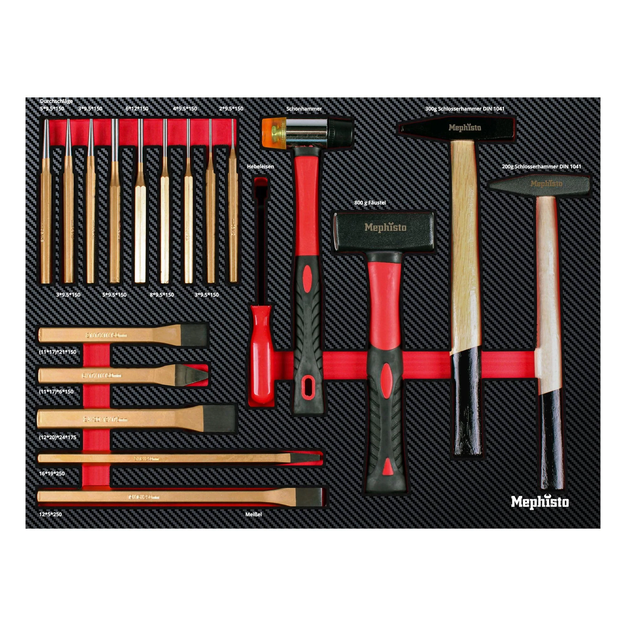 Mephisto Werkzeugeinlage Werkzeug Set Pro Line Werkstattwageneinlage Hammer- Set mit Hammer, Hebelei