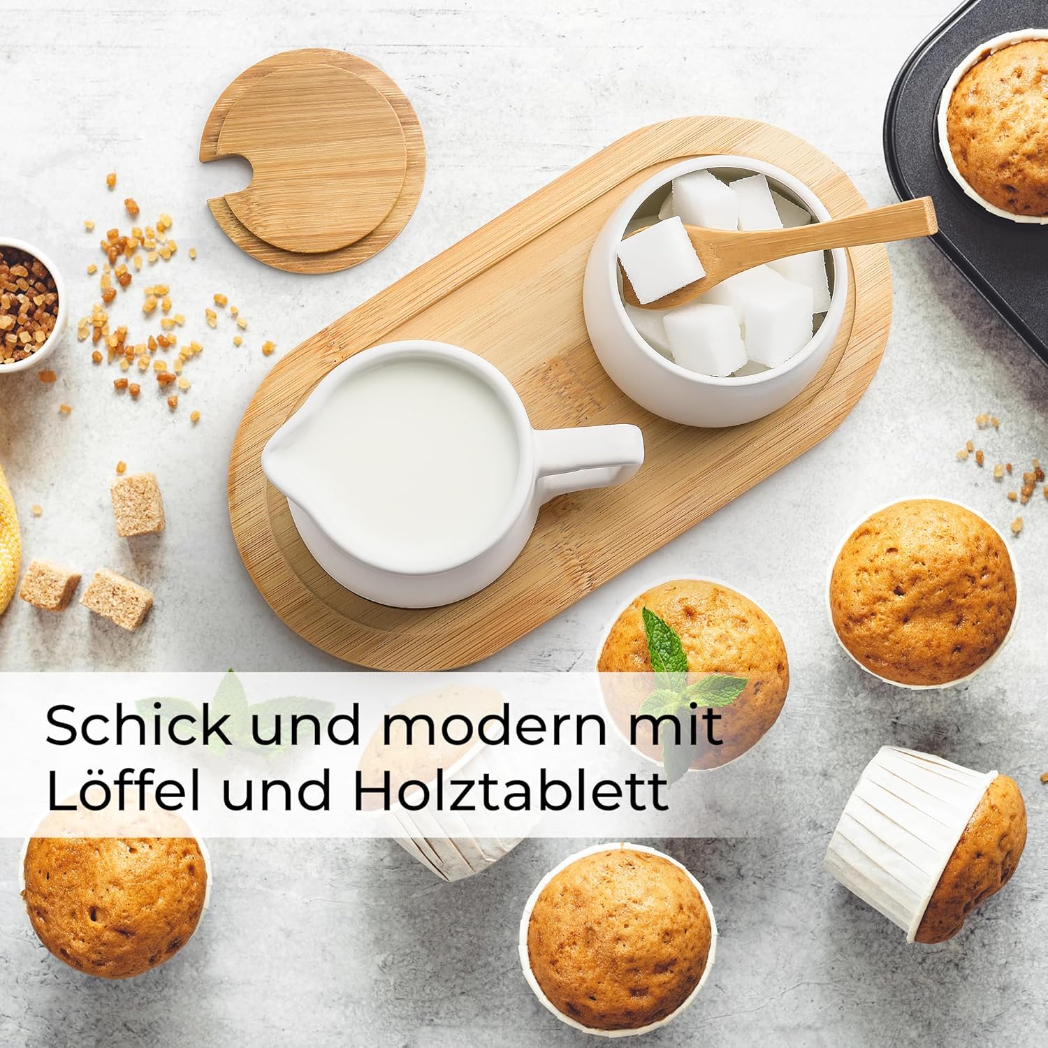 MIAMIO - Milch und Zucker Set mit Deckel und Löffel/Keramik Milchkännchen mit Holz Tablett - Mikrowe - Image 2