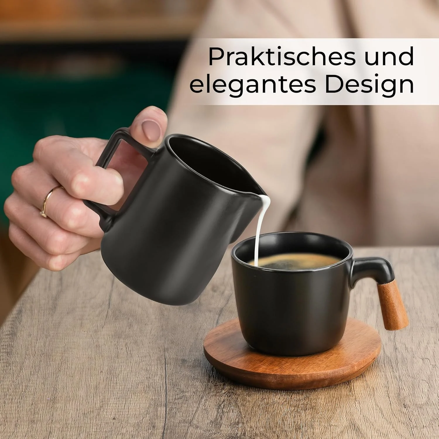 MIAMIO - Milch und Zucker Set mit Deckel und Löffel/Keramik Milchkännchen mit Holz Tablett - Mikrowe - Image 4