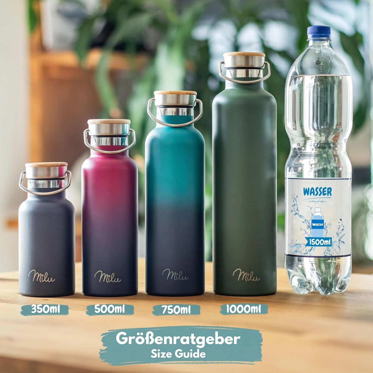 Milu Edelstahl Trinkflasche 350ml 500ml 750ml 1000ml (+3 Deckel) - Thermosflasche mit Strohhalm, Iso - Image 2
