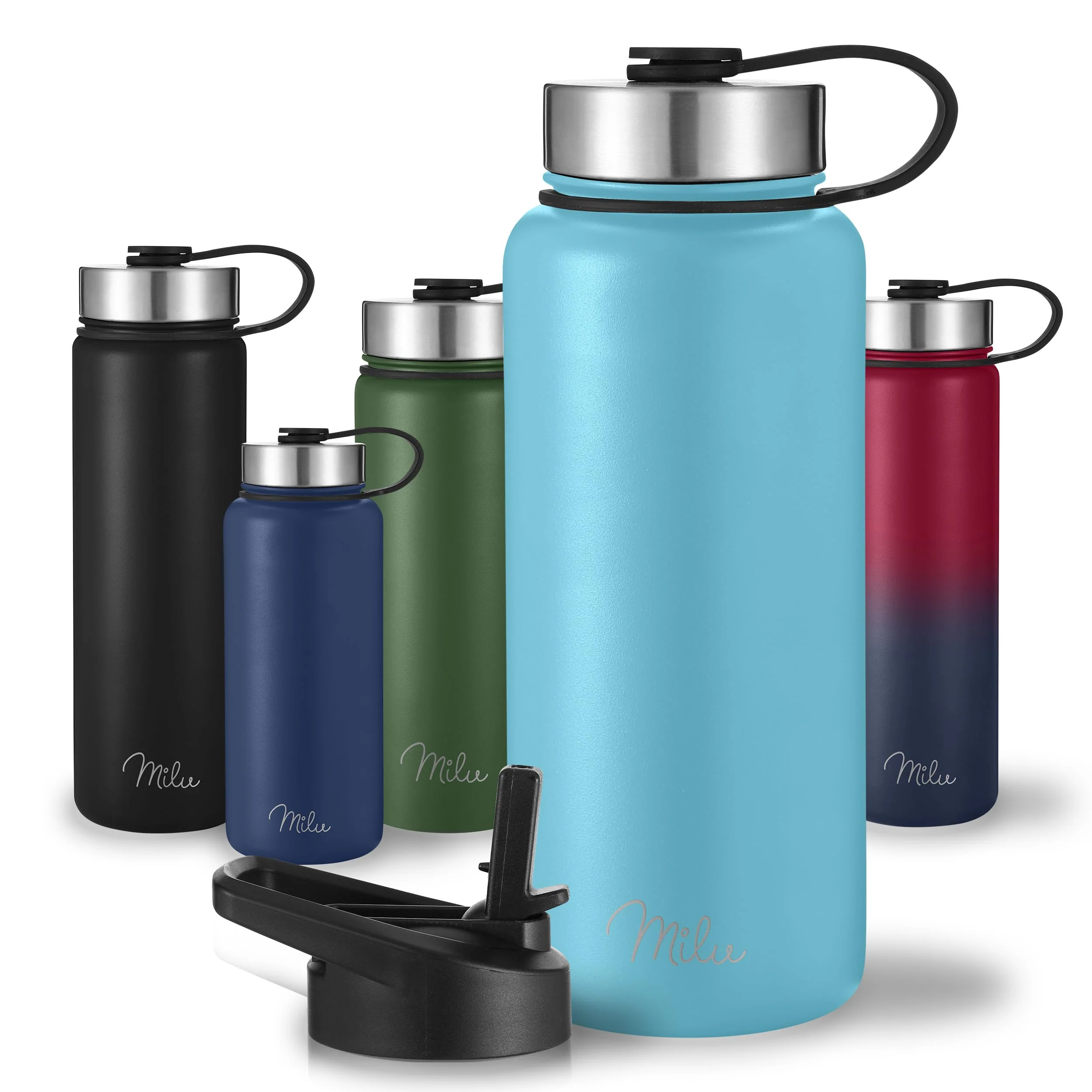 Milu Edelstahl Trinkflasche 500ml 750ml 1000ml (+3 Deckel) Thermosflasche mit Strohhalm, Isolierte W
