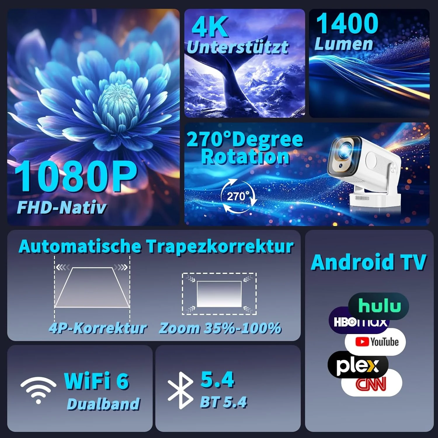 Mini Beamer 4K 1080P [2026 Neuer & Automatische Focus] Projektor Tragbarer mit WiFi 6 und Bluetooth - Image 3
