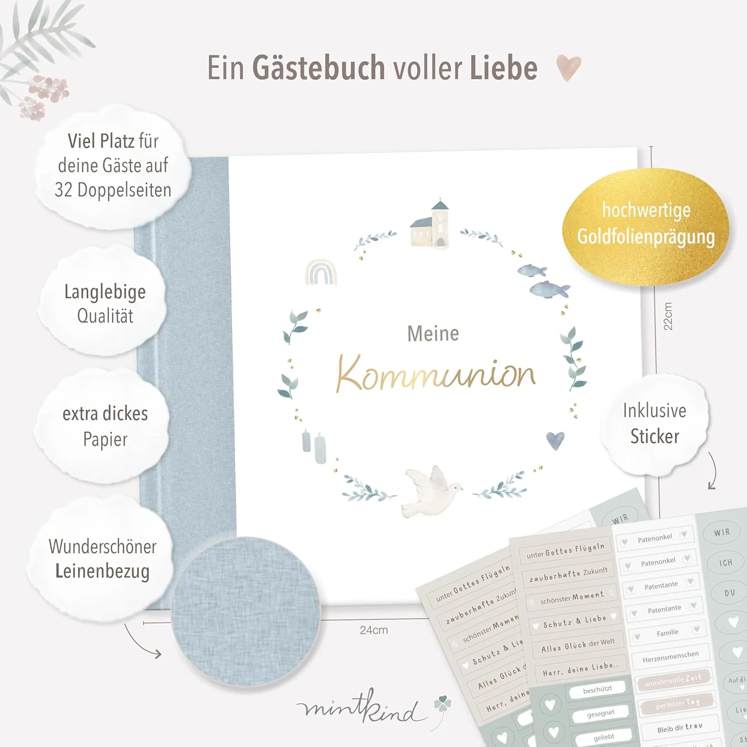 mintkind® Gästebuch Kommunion Blau - Erinnerungsbuch zur Kommunion, 72 Seiten zum Gestalten, edler L - Image 2