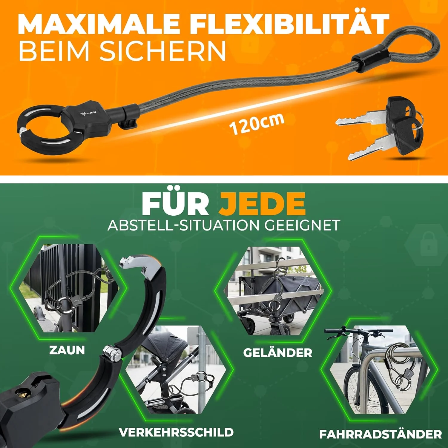 MIVELO E-Scooter Schloss I Handschellenschloss (120cm lang) mit Schlüssel I Schloss für E-Scooter in - Image 5