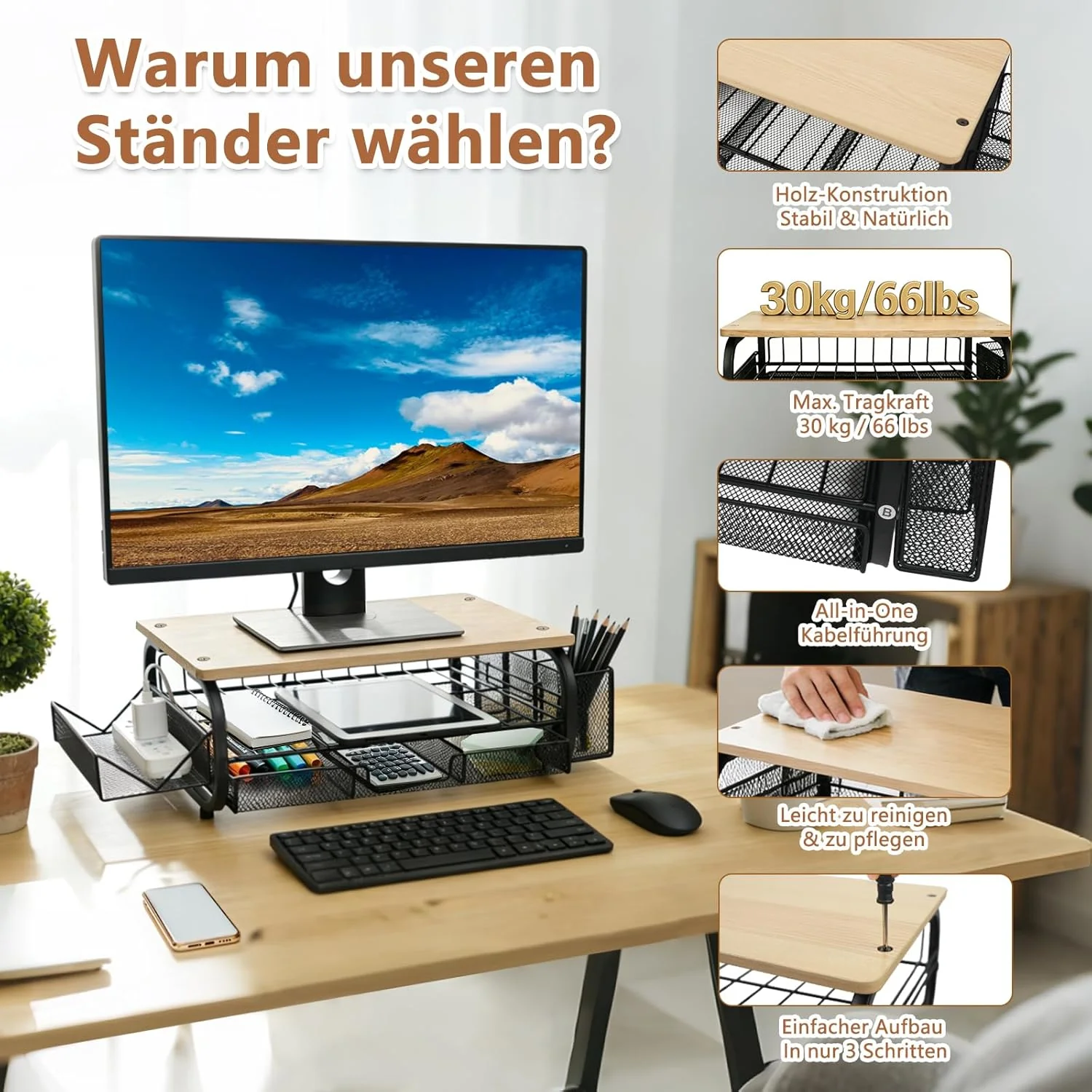Monitorständer Holz Ergonomischer Monitorständer 30kg/66lbs, multifunktional für Monitor/Drucker/Akt - Image 2