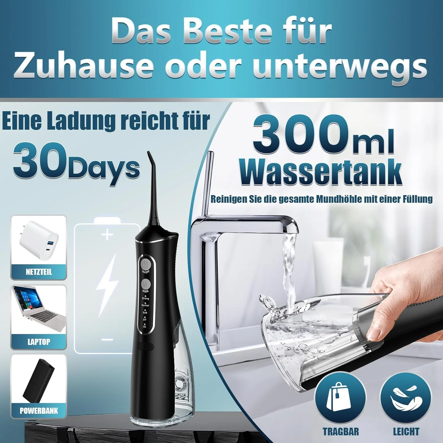 Munddusche Kabellos Elektrisch, Munddusche Testsieger 2025, 4 Modi DIY Druck & 5 360° Jet-Tipps, 300 - Image 5