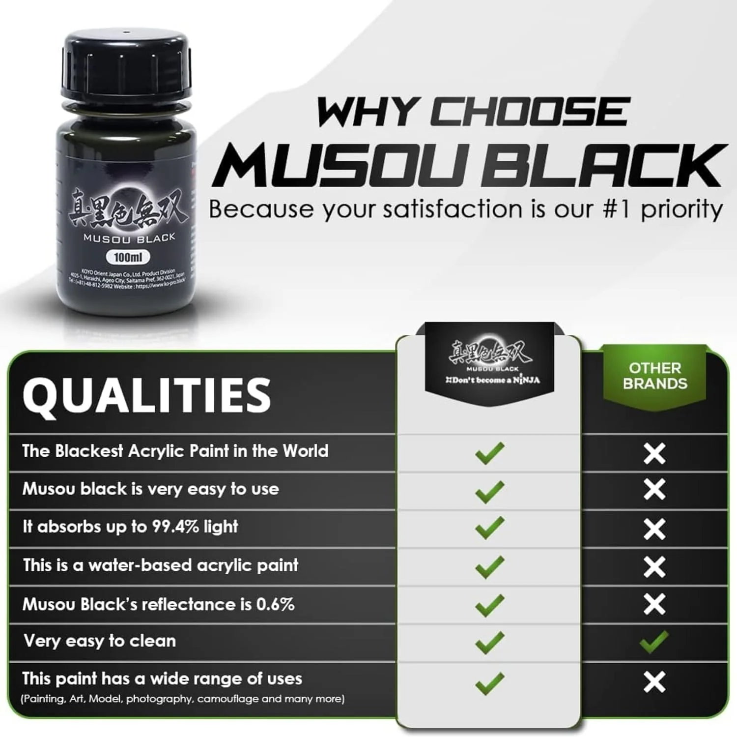 Musou Black Acrylfarbe, das schwärzeste Schwarz der Welt, enthält 1 x 100 ml, Lichtabsorption von 99 - Image 5