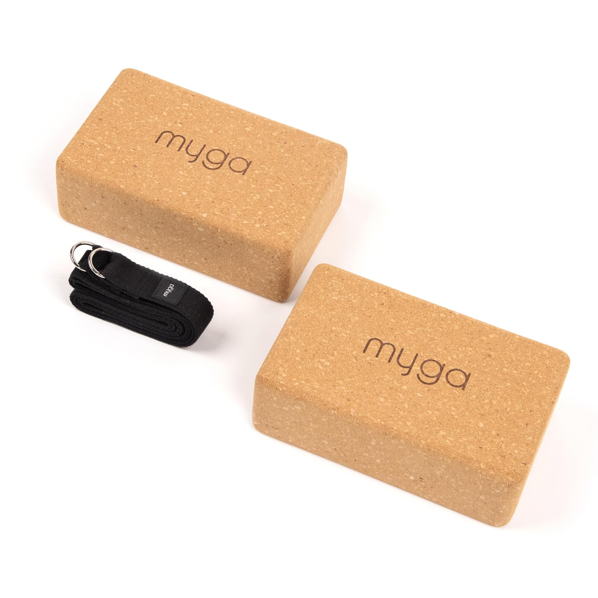 Myga Kork Yoga Zubehör Set | 2 Rutschfeste Kork Yoga Blöcke & Verstellbarer Yoga Gurt | Perfekt für