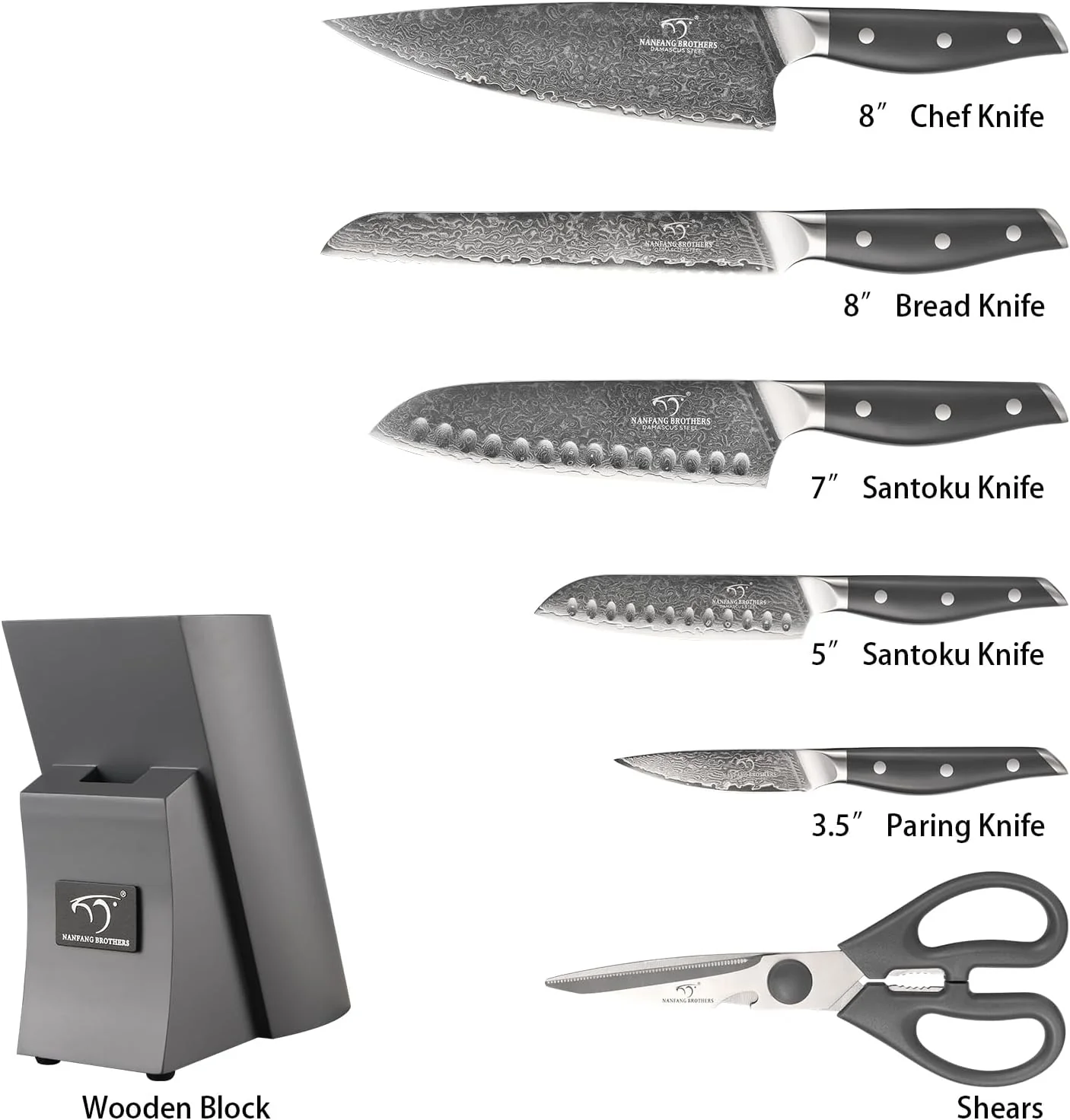 NANFANG BROTHERS Damascus Kitchen Knife Set 7 Piece with Block, Non-Slip ABS Handle, Ultra Sharp Sta - Image 3
