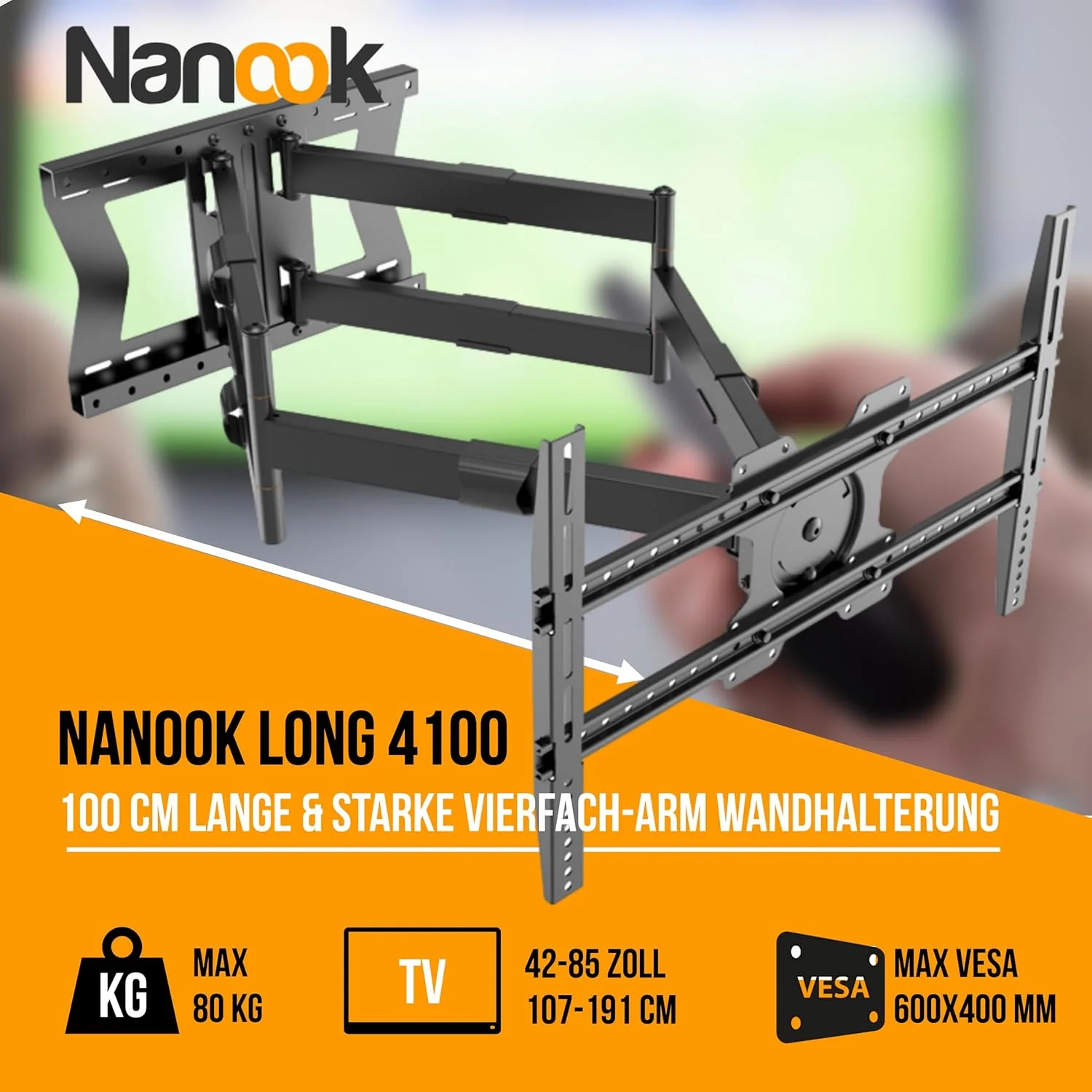 Nanook 4100 Langarm-TV-Wandhalterung für 42-85-Zoll-Fernseher, Extra langer Auszug bis zu 100 cm, St - Image 8