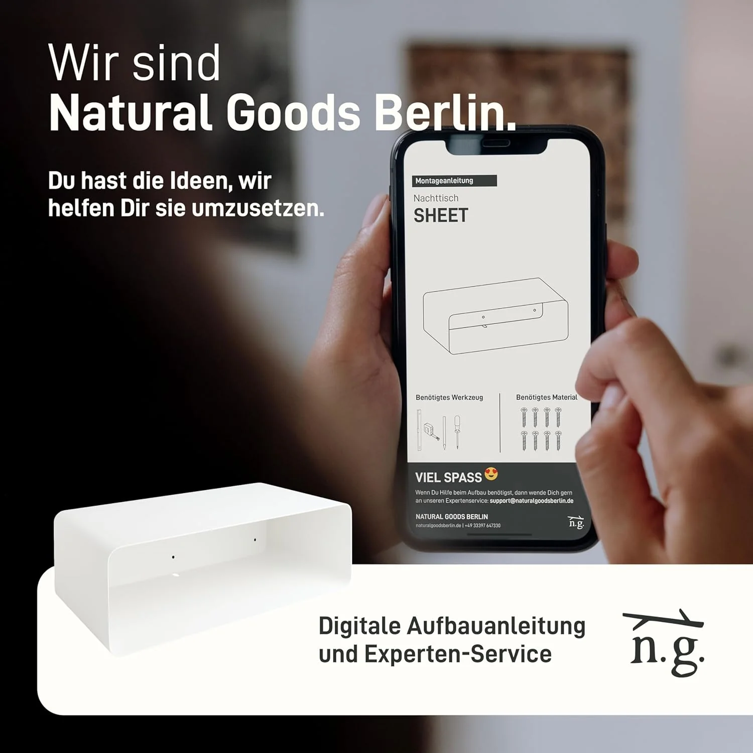 Natural Goods Berlin 1x Nachttisch Sheet - Schweberegal Weiss, Metall 45 x 24 x 15 cm - Nachttisch h - Image 7