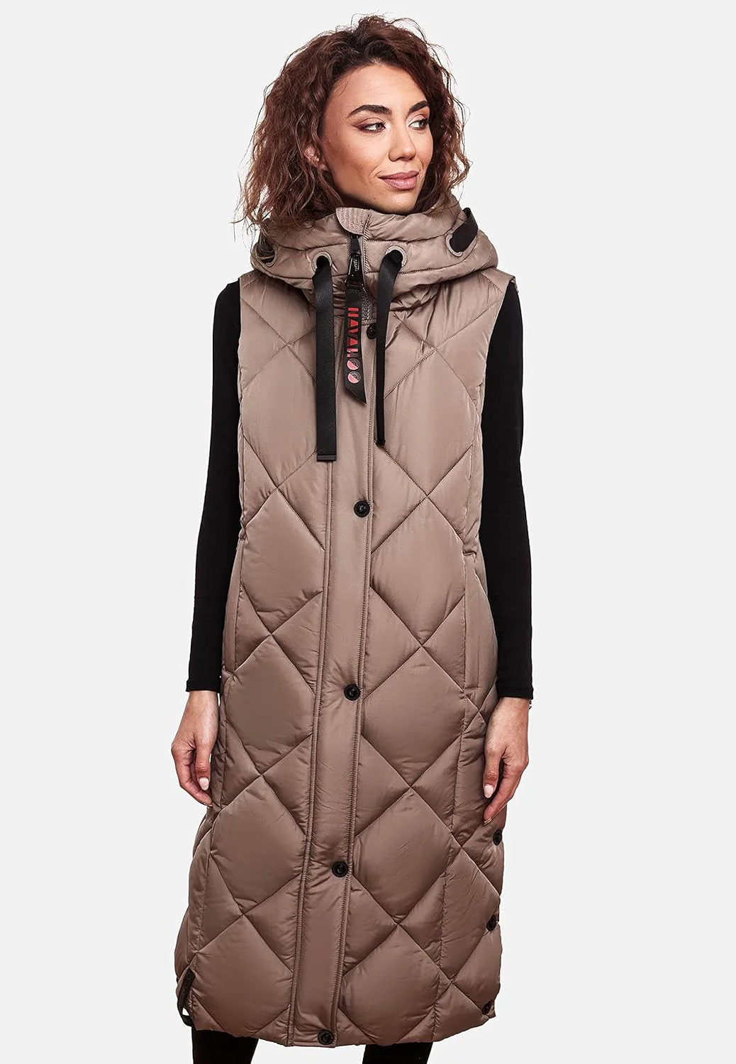 Navahoo warme Damen Winter Steppweste lang mit Kapuze Schnuckel XS-XXL XXL Dark Taupe, XXL Dark Taup - Image 2