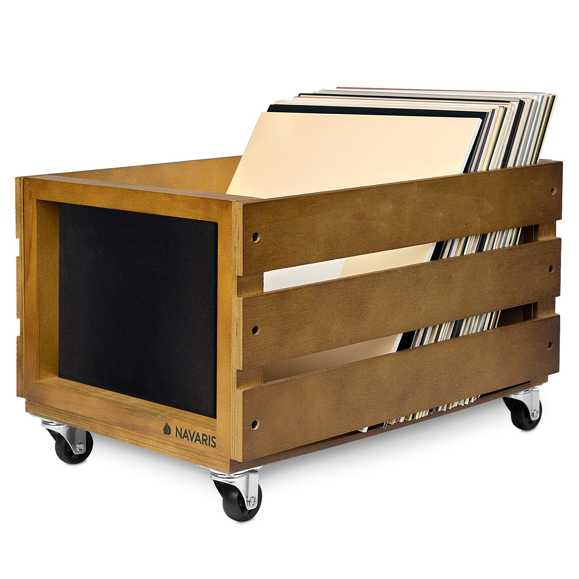 Navaris Holz Schallplatten Kiste mit Kreidetafel - mit Rädern - 42,9 x 34,4 x 28 cm - für bis zu 80