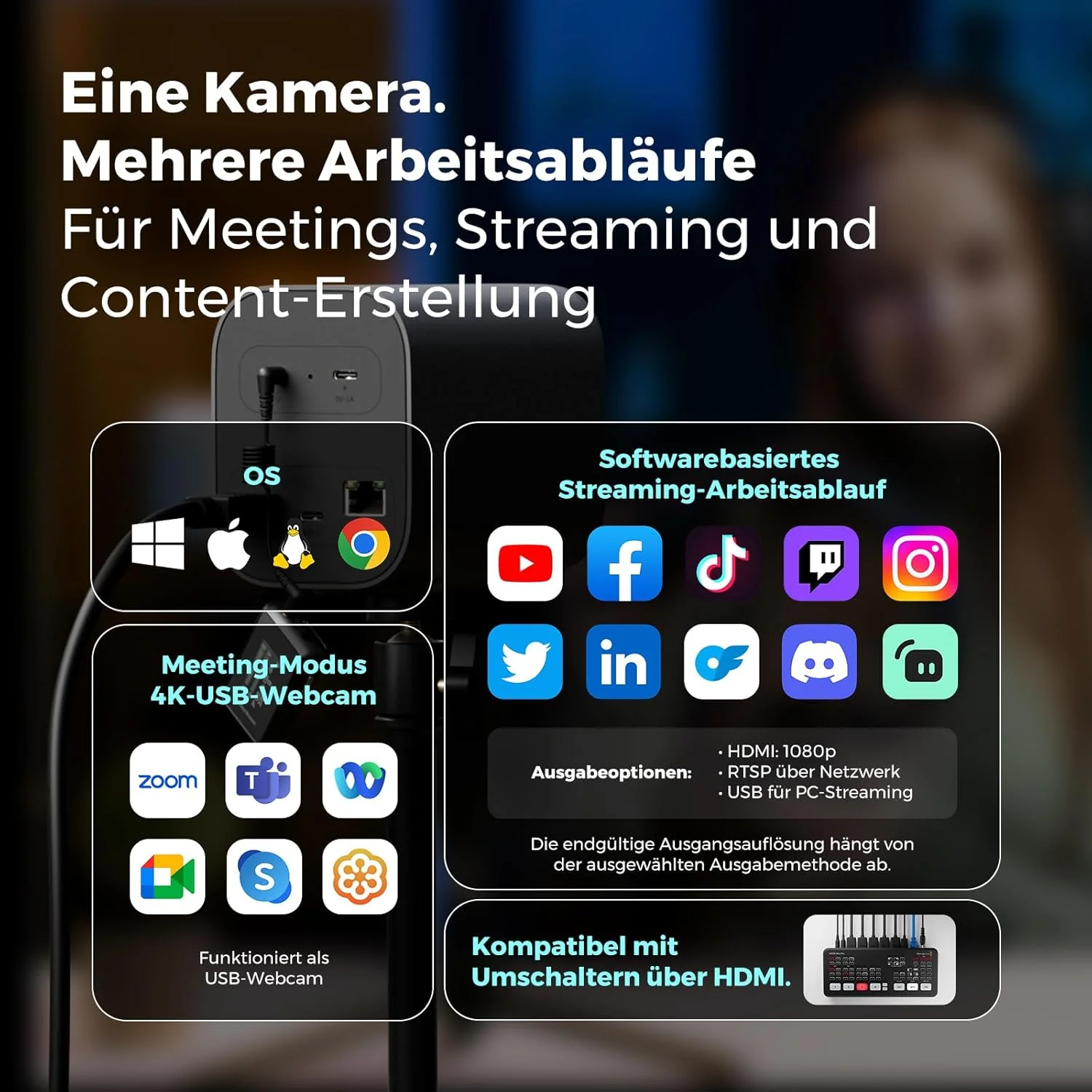 NearStream 4K-Webcam für Streaming, 1/2,8 Zoll CMOS-Sensor mit 8 Megapixeln, 40-facher Hybrid-Zoom, - Image 4