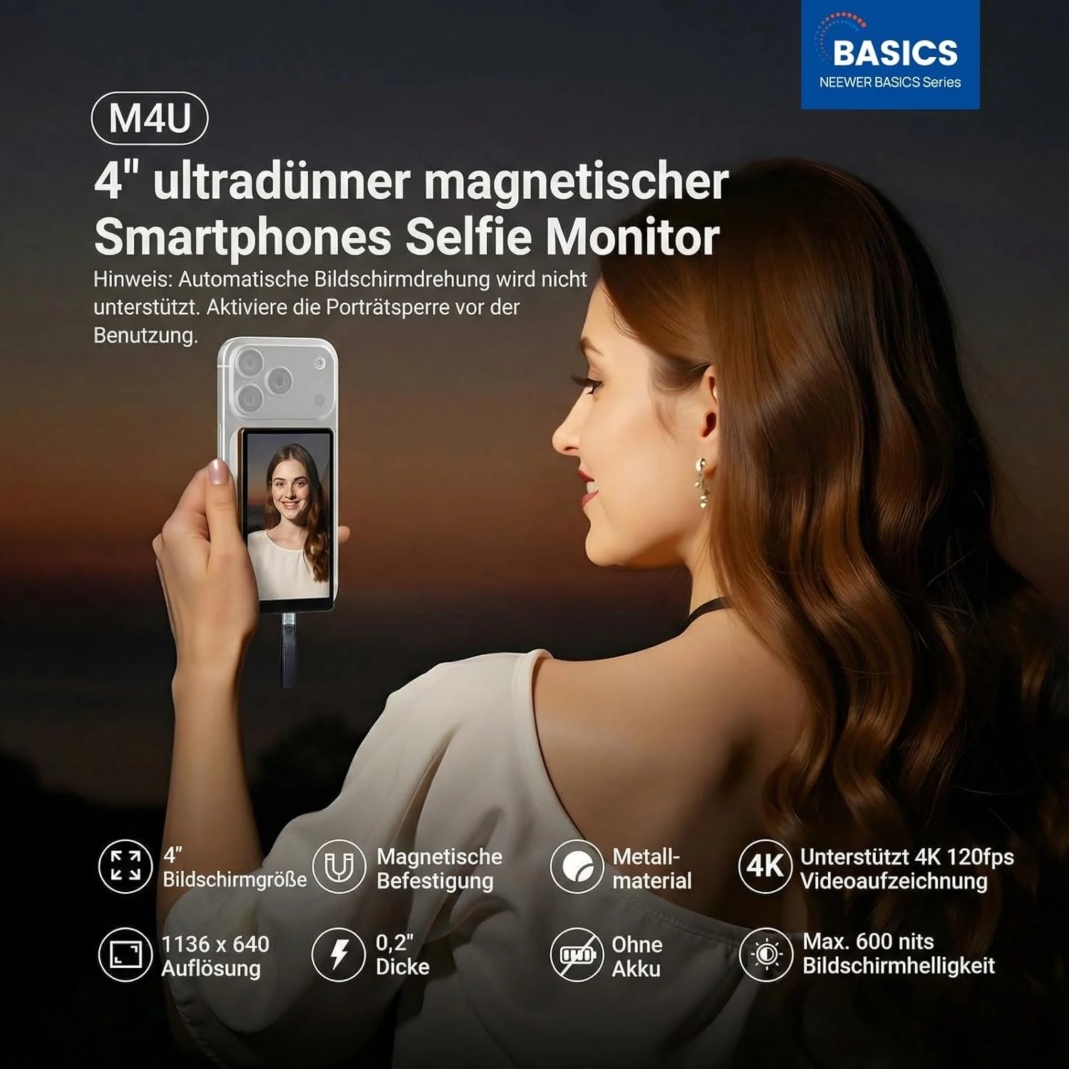 NEEWER Basics 4" ultradünner magnetischer Vlog Selfie Monitor, Metall Rück Kamera Monitor mit 600 Ni - Image 3