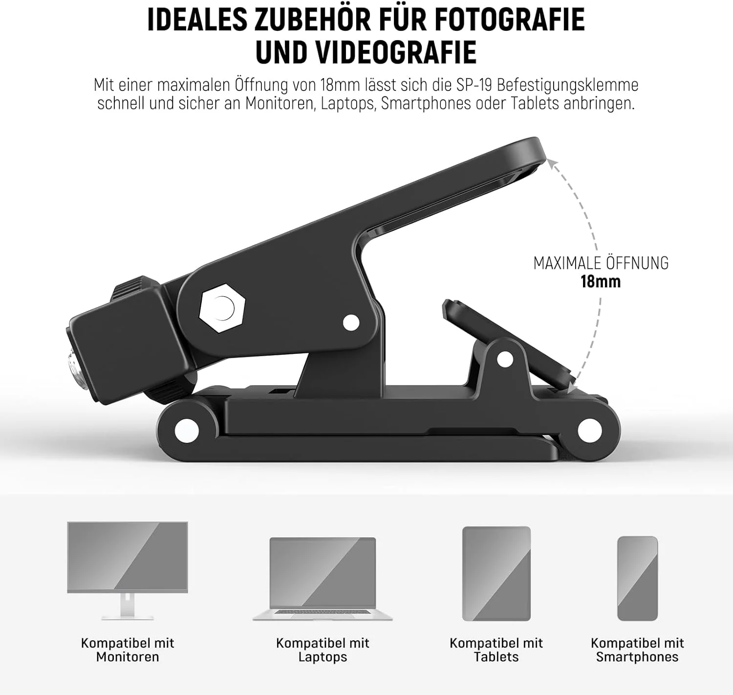 NEEWER Basics SP-19 Monitor-Halterungsklemmen, 1/4 Zoll (0,71 cm), 18 mm, Jaw 180° Tilt, Handyclip, - Image 3