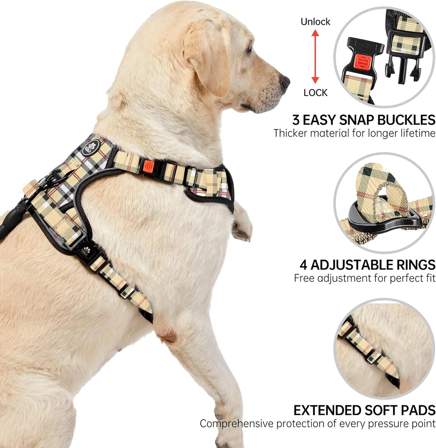 NESTROAD Hundegeschirr Mittelgrosse Hunde Kariertes Beige, Grösse M Anti Zieh Geschirr für Hunde Mit - Image 5