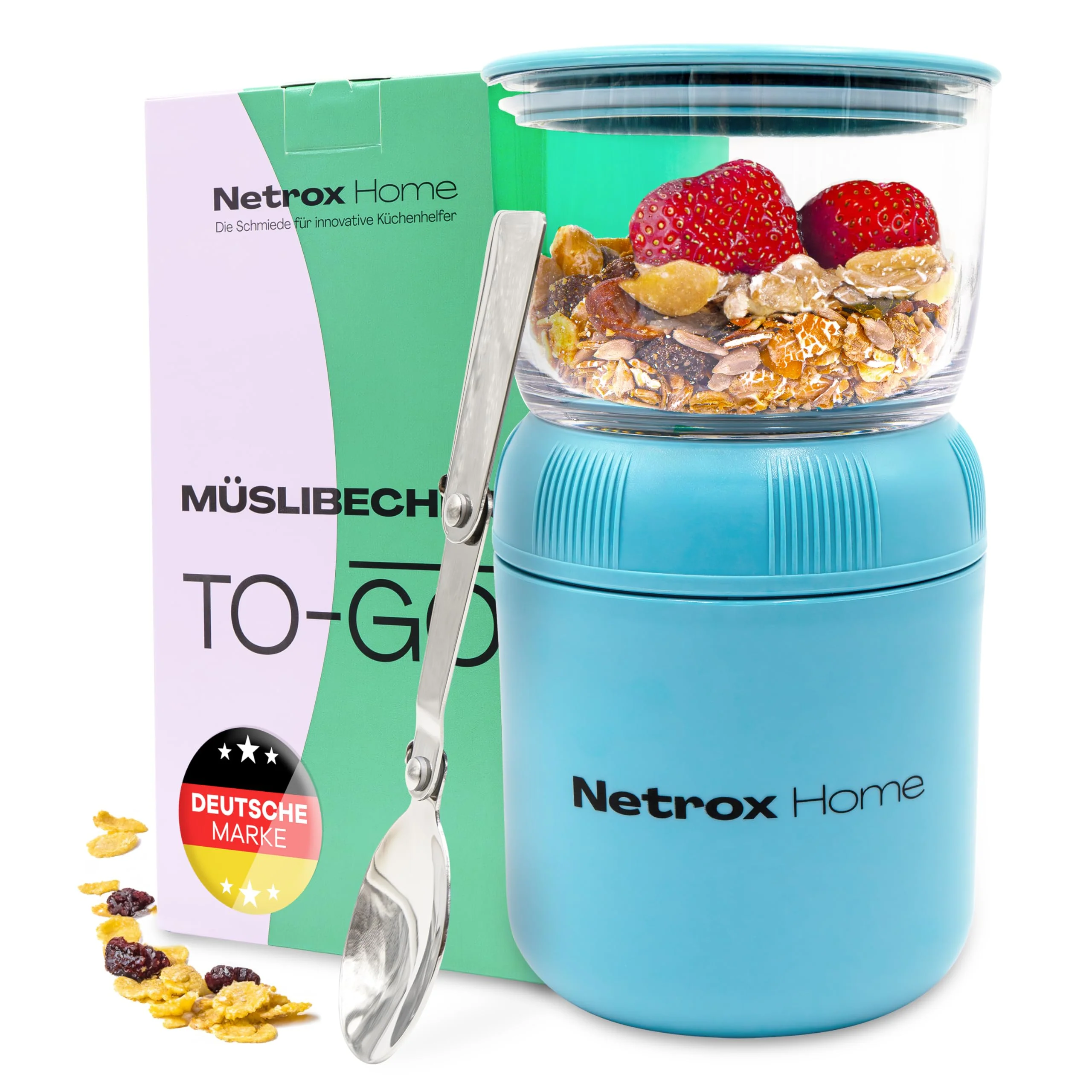 NetroxHome - Müslibecher To Go mit Löffel, Auslaufsicherer Joghurtbecher To Go aus Edelstahl, Lunchb