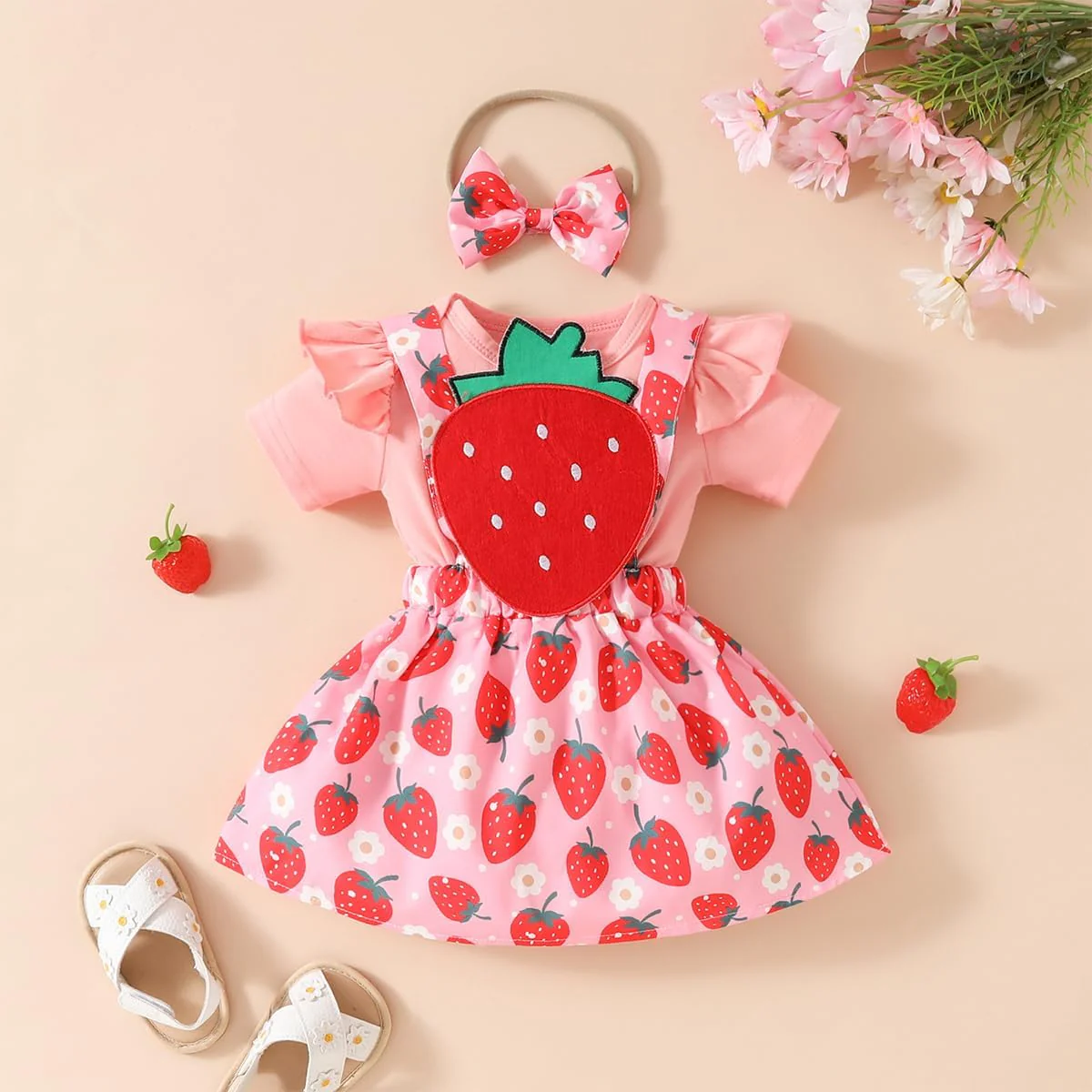 Neugeborenes Baby Mädchen Röcke Sets Kurzarm Rüschen Top + Bedrucktes Overalls Hosenträger Kleid + S - Image 2