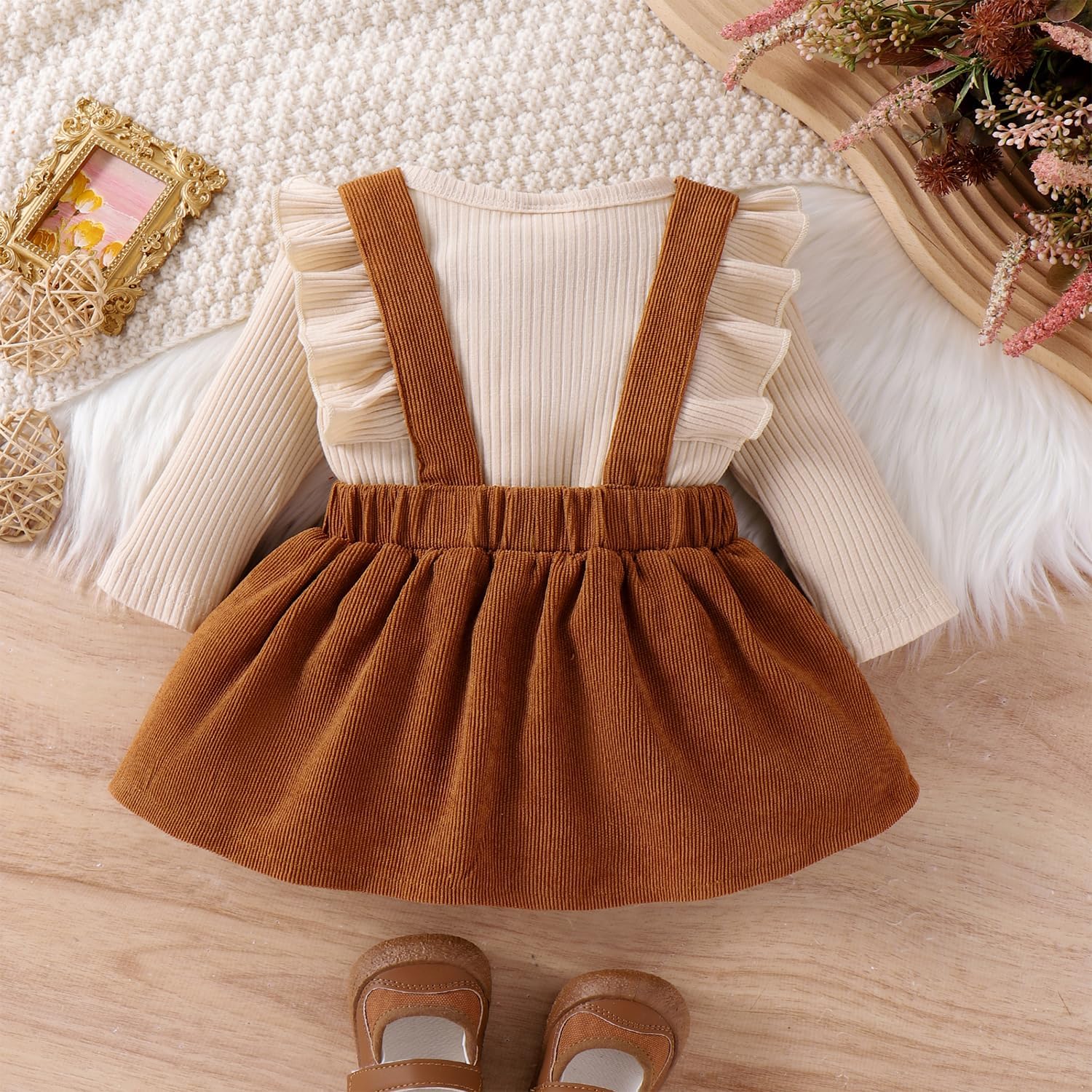 Neugeborenes Baby Mädchen Röcke Sets Rüschen Top + Plaid/Dots/Bowknot Overalls Hosenträger Kleid + S - Image 3