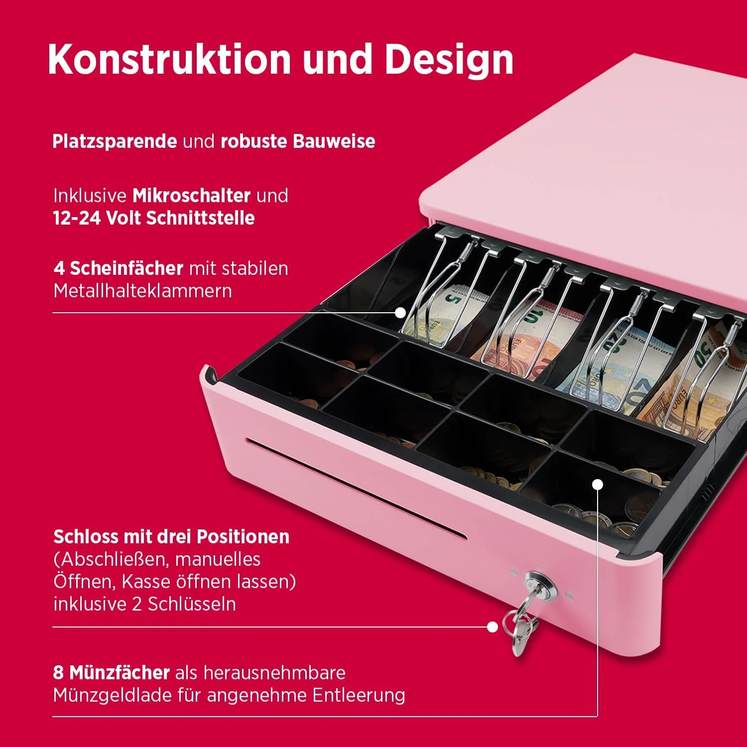 OLYMPIA S 330 Bonbon pink | Kassenlade mit 8 Münz- & 4 Scheinfächern | Robuste Kassenschublade Unter - Image 6