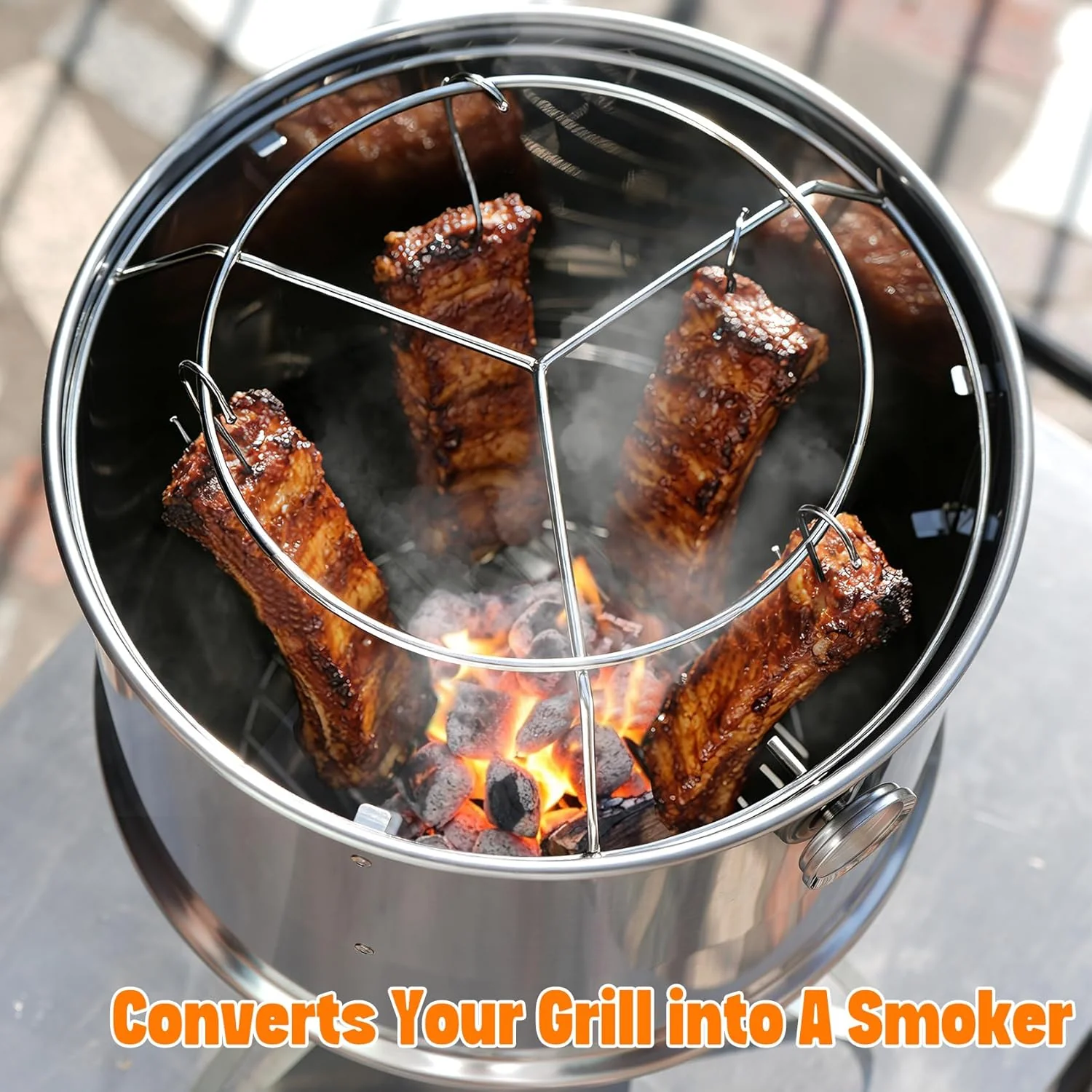 Onlyfire Edelstahl Räucherkammer Mittelkochsystem für Weber Smokey Joe 37cm Holzkohlegrill, Enthält - Image 3