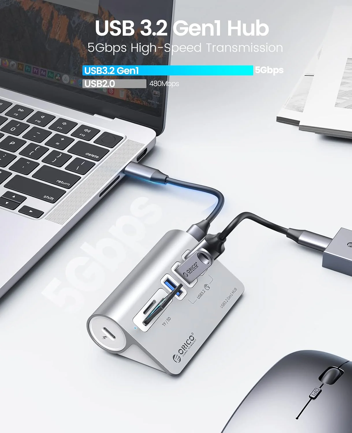 ORICO USB C Hub, USB 3.2 GEN 1 Hub mit TF/SD Kartenleser, 3 USB A Ports, 5 Gbps USB Verteiler, 0.5M - Image 2