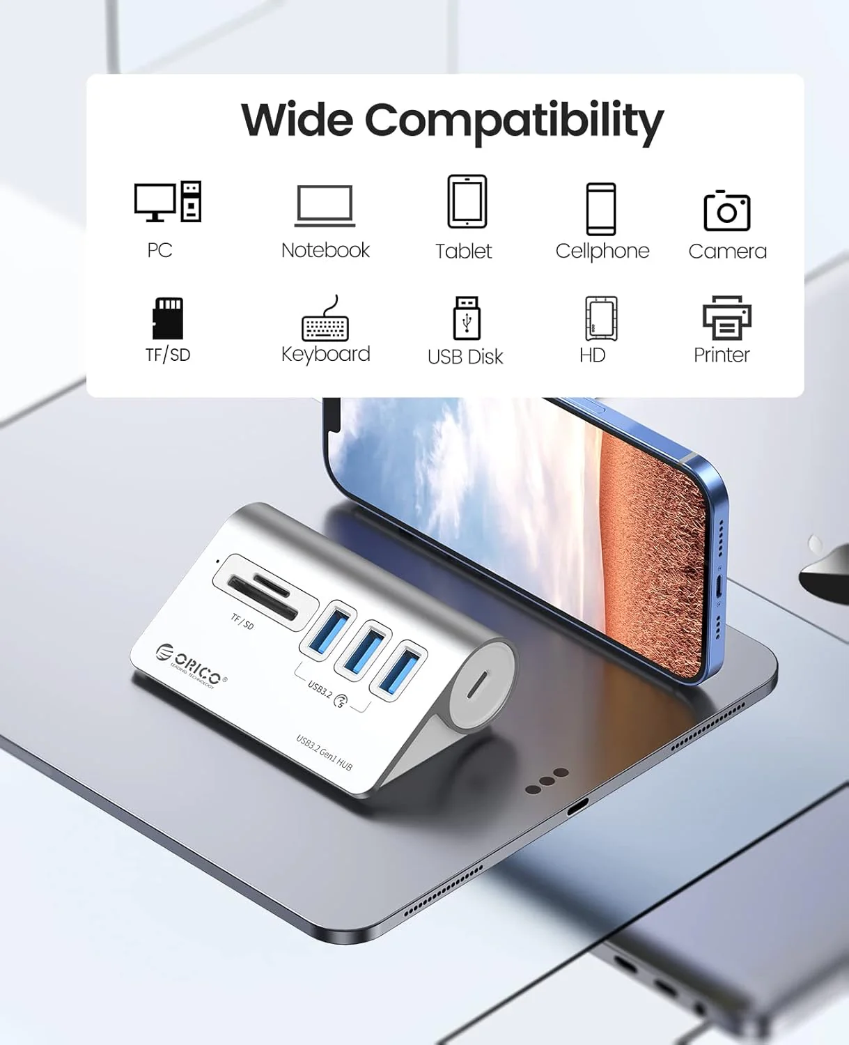 ORICO USB C Hub, USB 3.2 GEN 1 Hub mit TF/SD Kartenleser, 3 USB A Ports, 5 Gbps USB Verteiler, 0.5M - Image 7