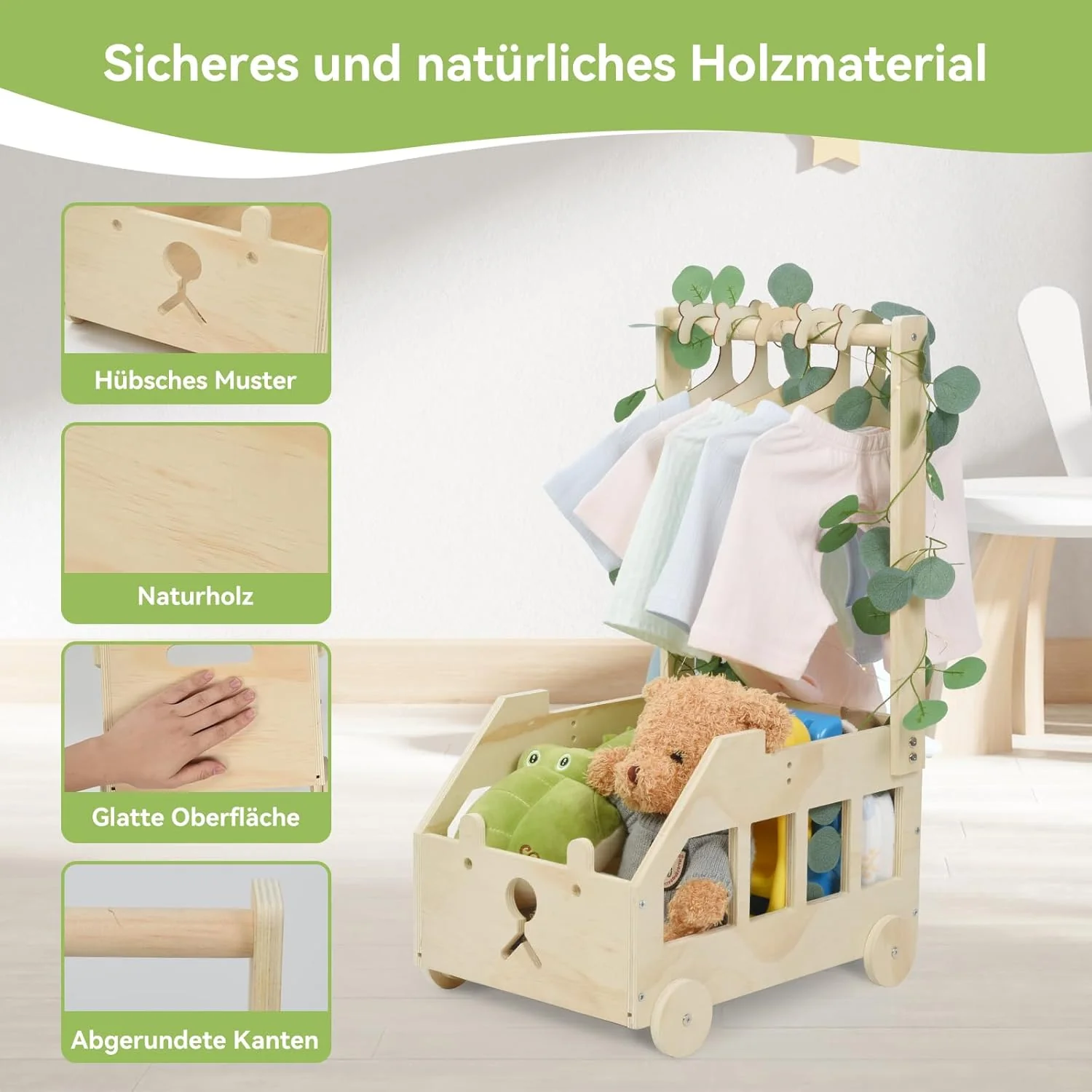 OTraki Baby Geschenk Korb mit Holzrädern, Holz Babyparty Geschenk mit Dekorblättern 5 Holzkleiderbüg - Image 2