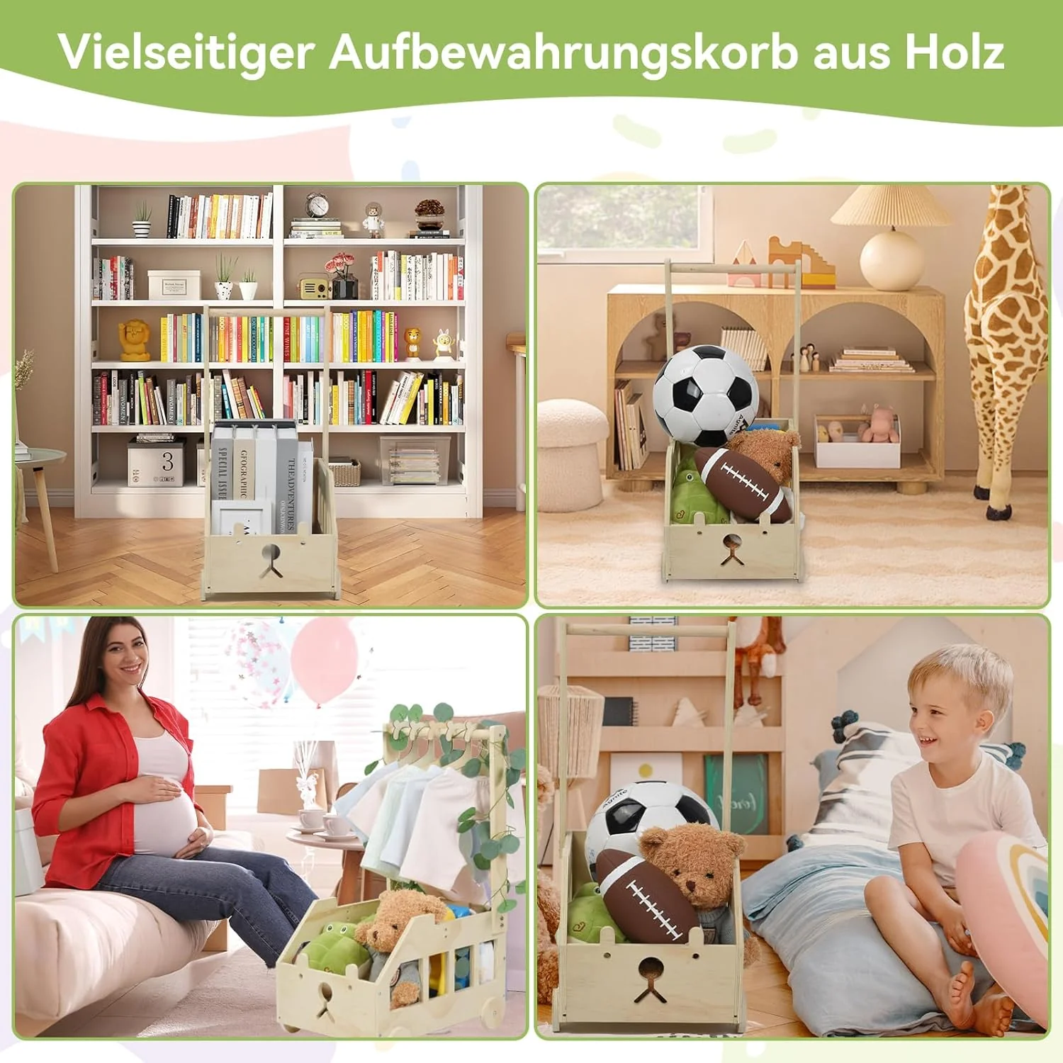 OTraki Baby Geschenk Korb mit Holzrädern, Holz Babyparty Geschenk mit Dekorblättern 5 Holzkleiderbüg - Image 7