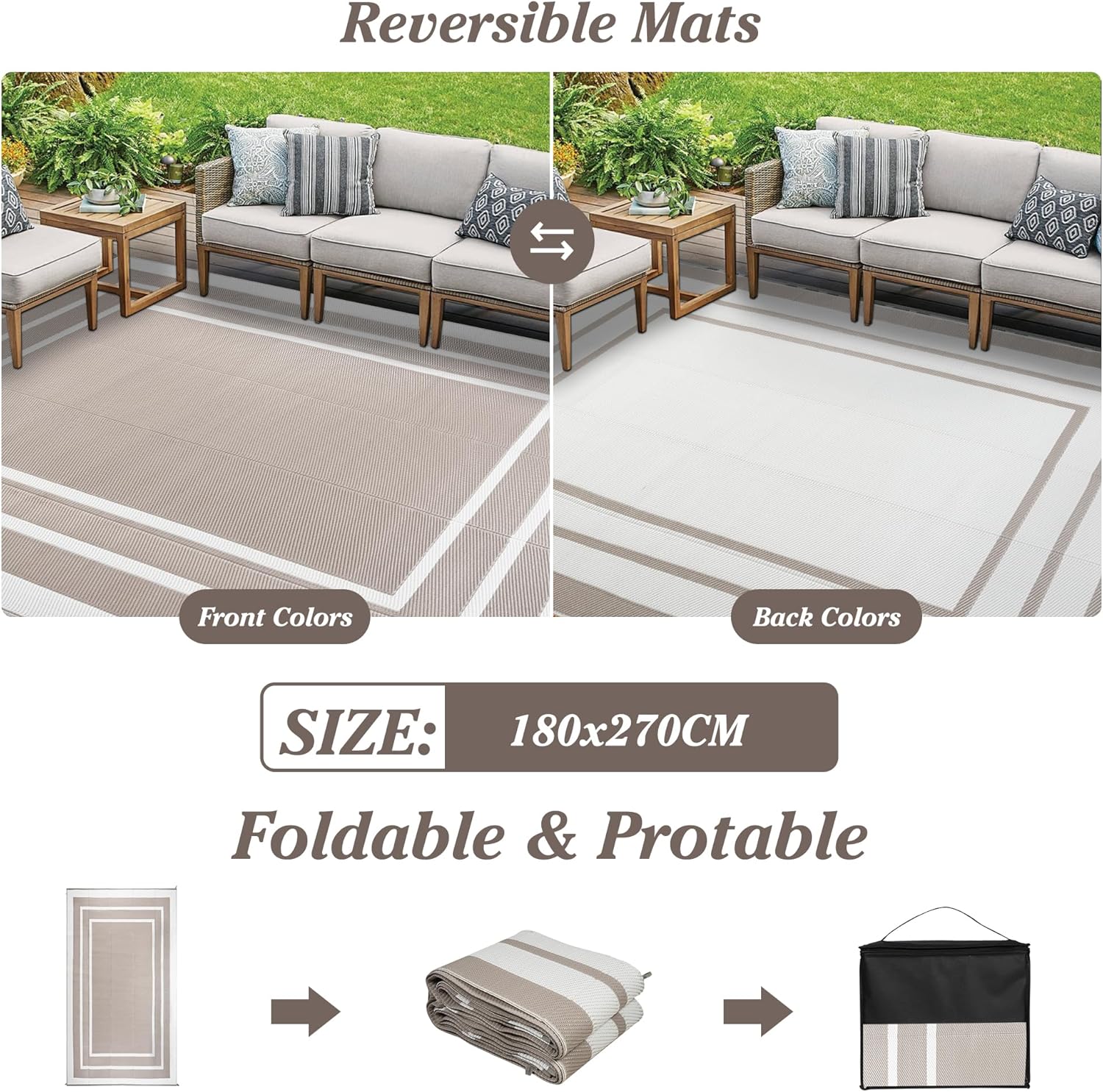 Outdoor Teppich Wetterfest Weiche 180x270cm Beige Kunststoff Picknickdecken Wasserfest Reversible Ca - Image 2