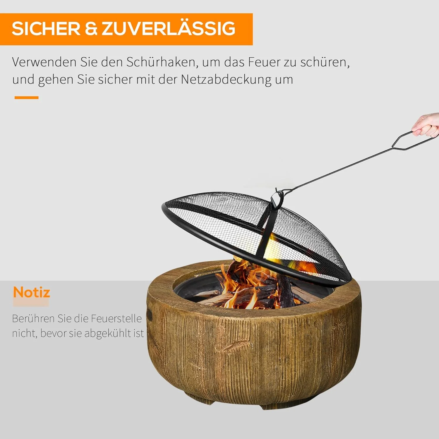 Outsunny Feuerschale, Feuerstelle mit Deckel, Feuerkorb mit Schürhaken, im Baumstumpf-Design, für Ga - Image 4